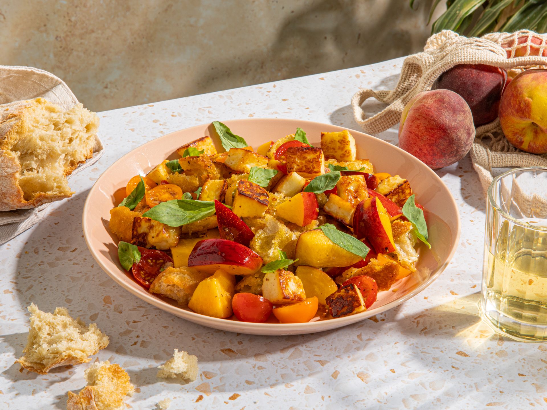 5-ingredient panzanella with nectarines and halloumi