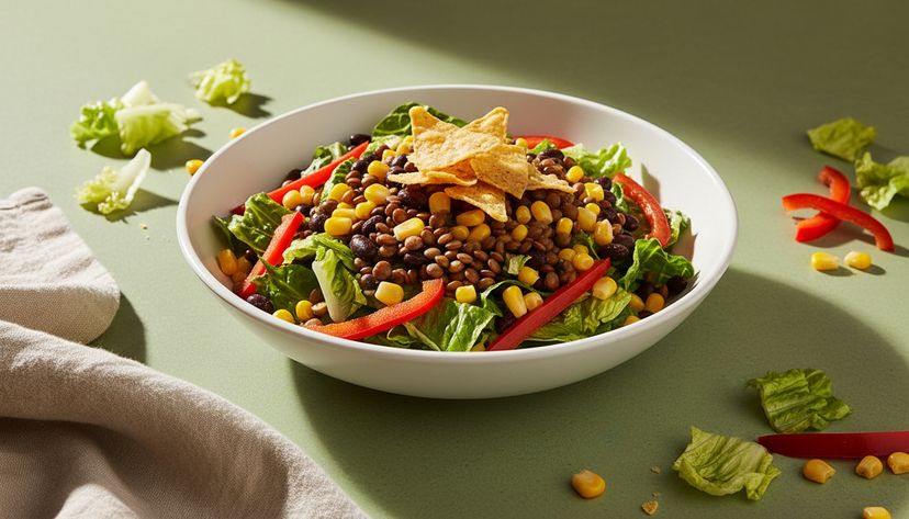 Linsen-Mais-Salat mit Tortilla-Chips gegen das Nachmittagstief