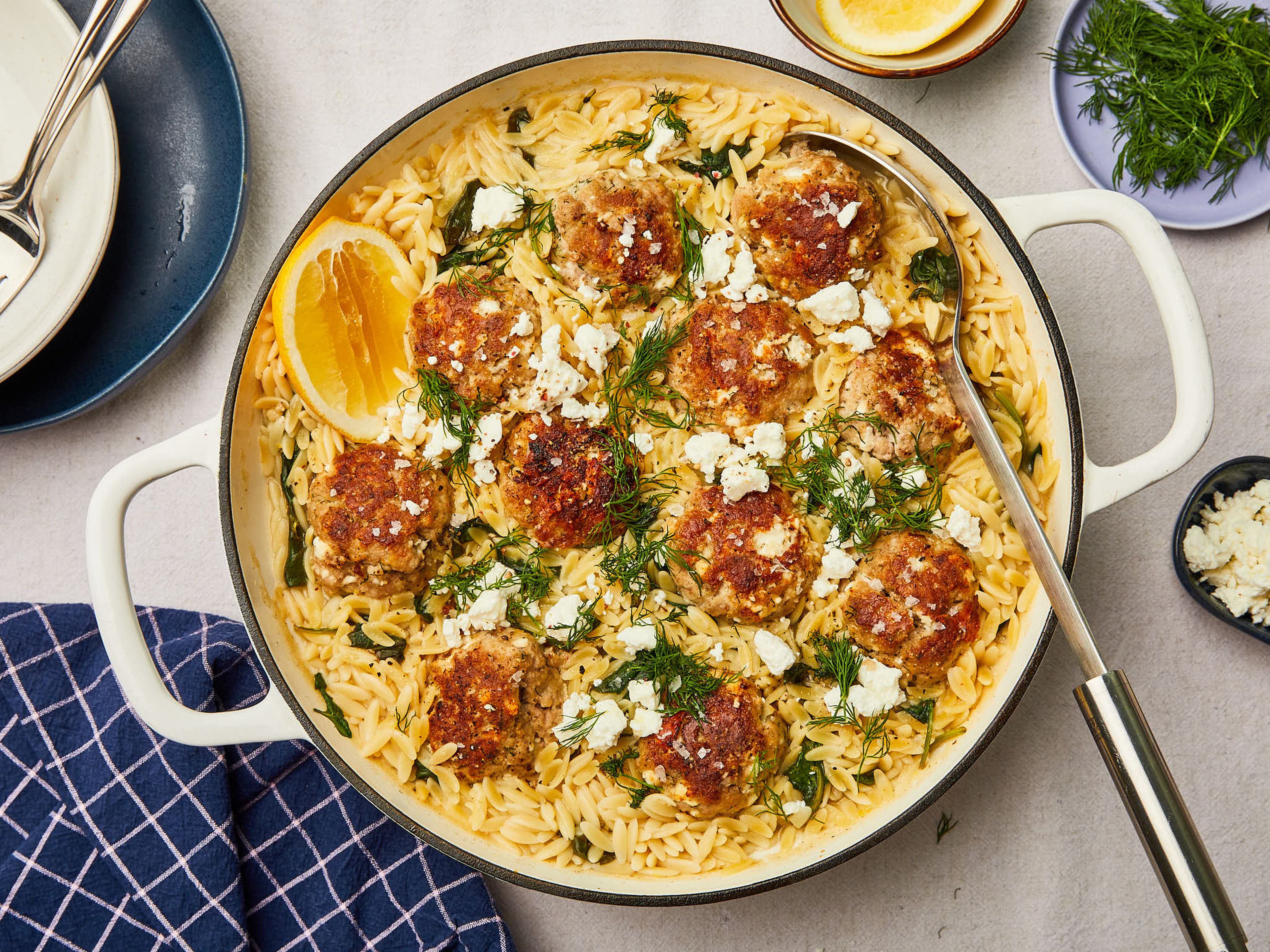 Easy, herby Greek meatballs with feta and spinach orzo