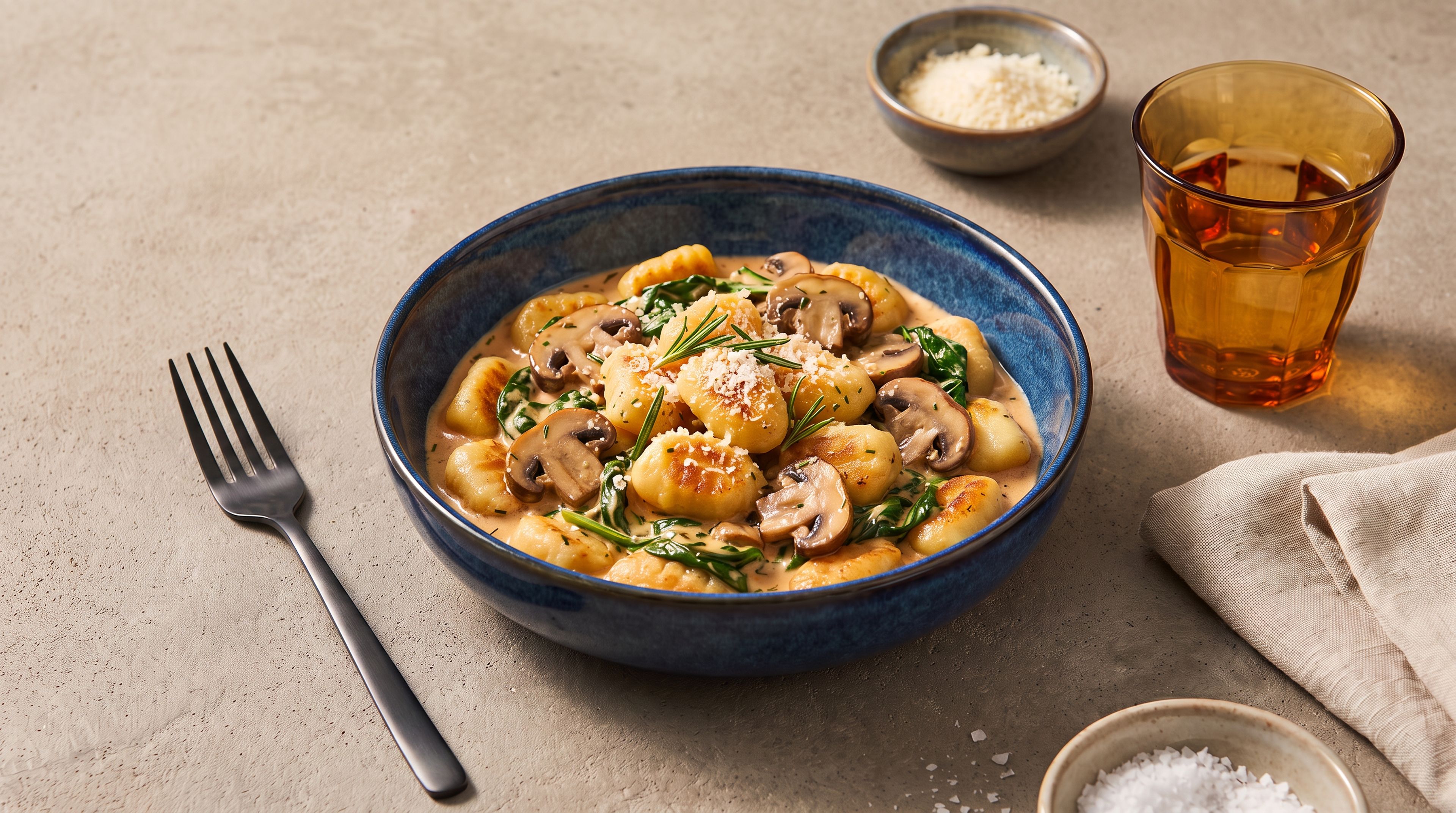 Cremige Gnocchi-Pfanne mit Pilzen und frischem Spinat