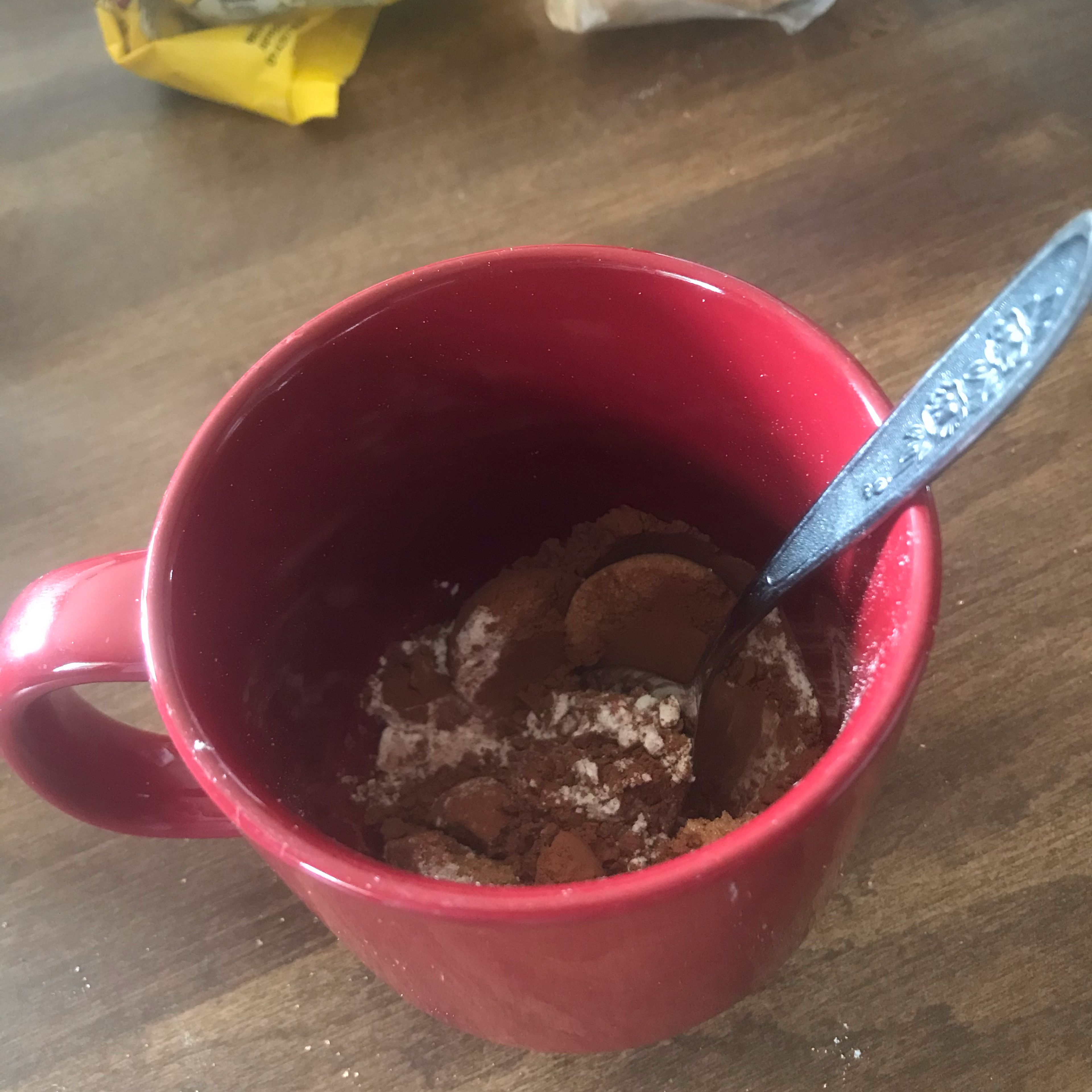 Mix the flour, brown sugar, cocoa powder,and salt together in a microwaveable mug