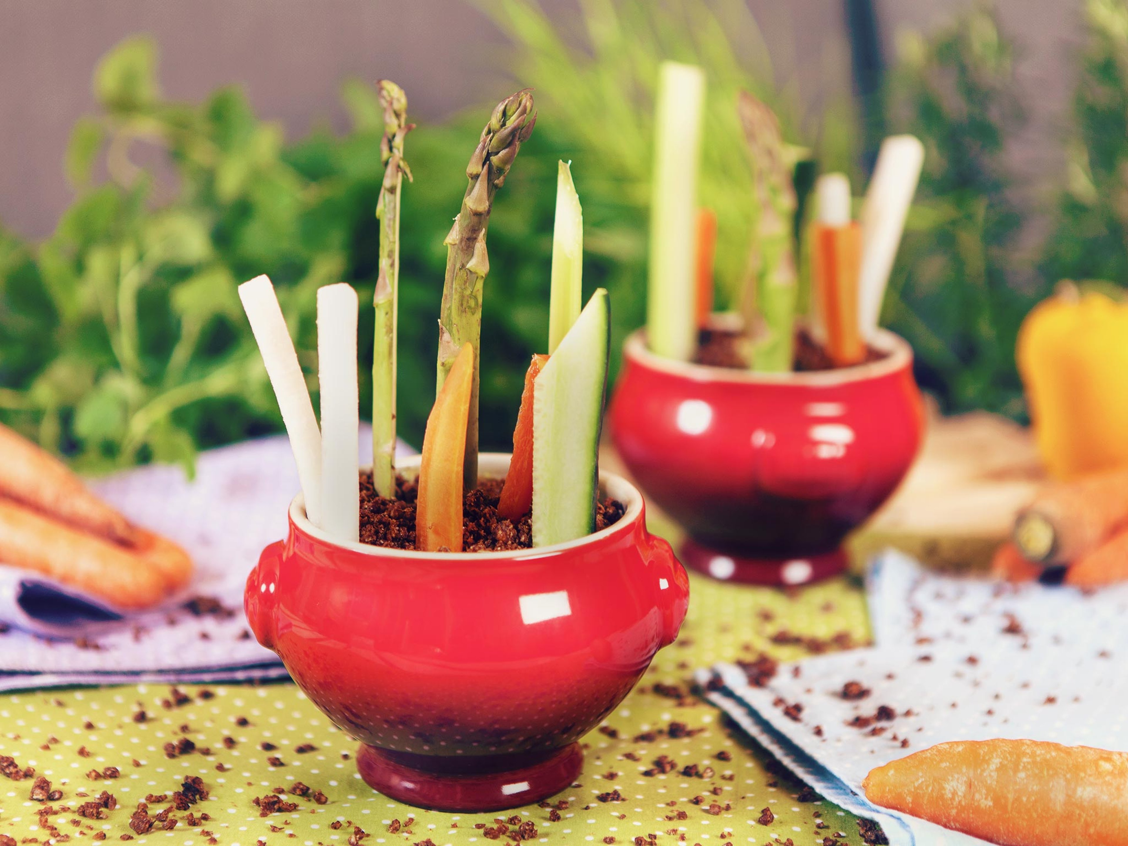 Gemüsesticks im Blumentopf mit essbarer Erde