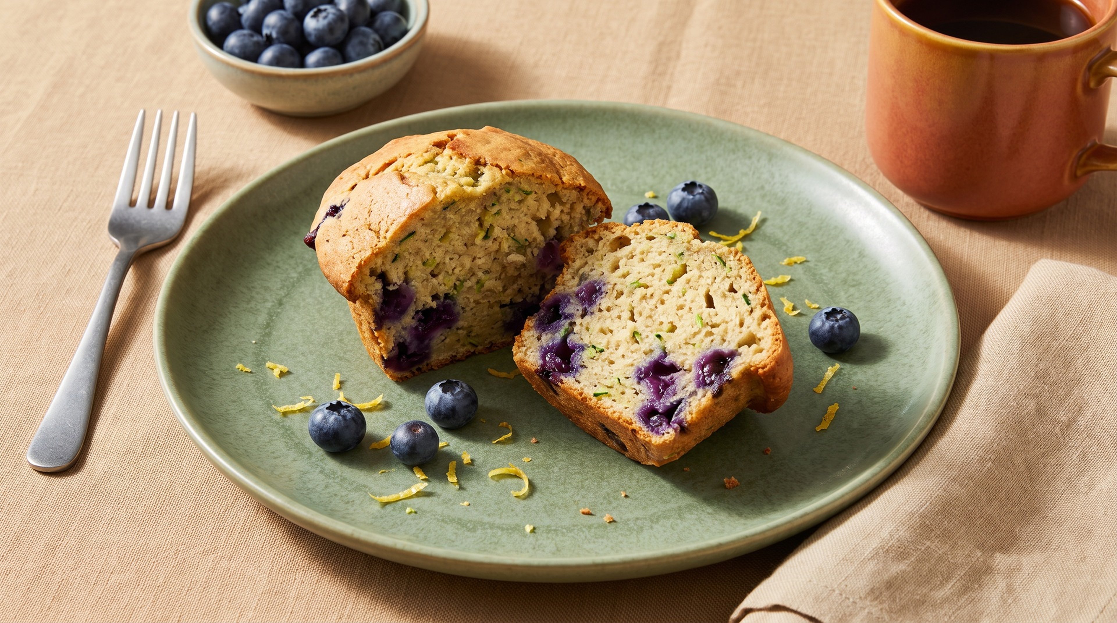 Hier machst du vegane Zucchini- und Blaubeer-Muffins in unter einer Stunde