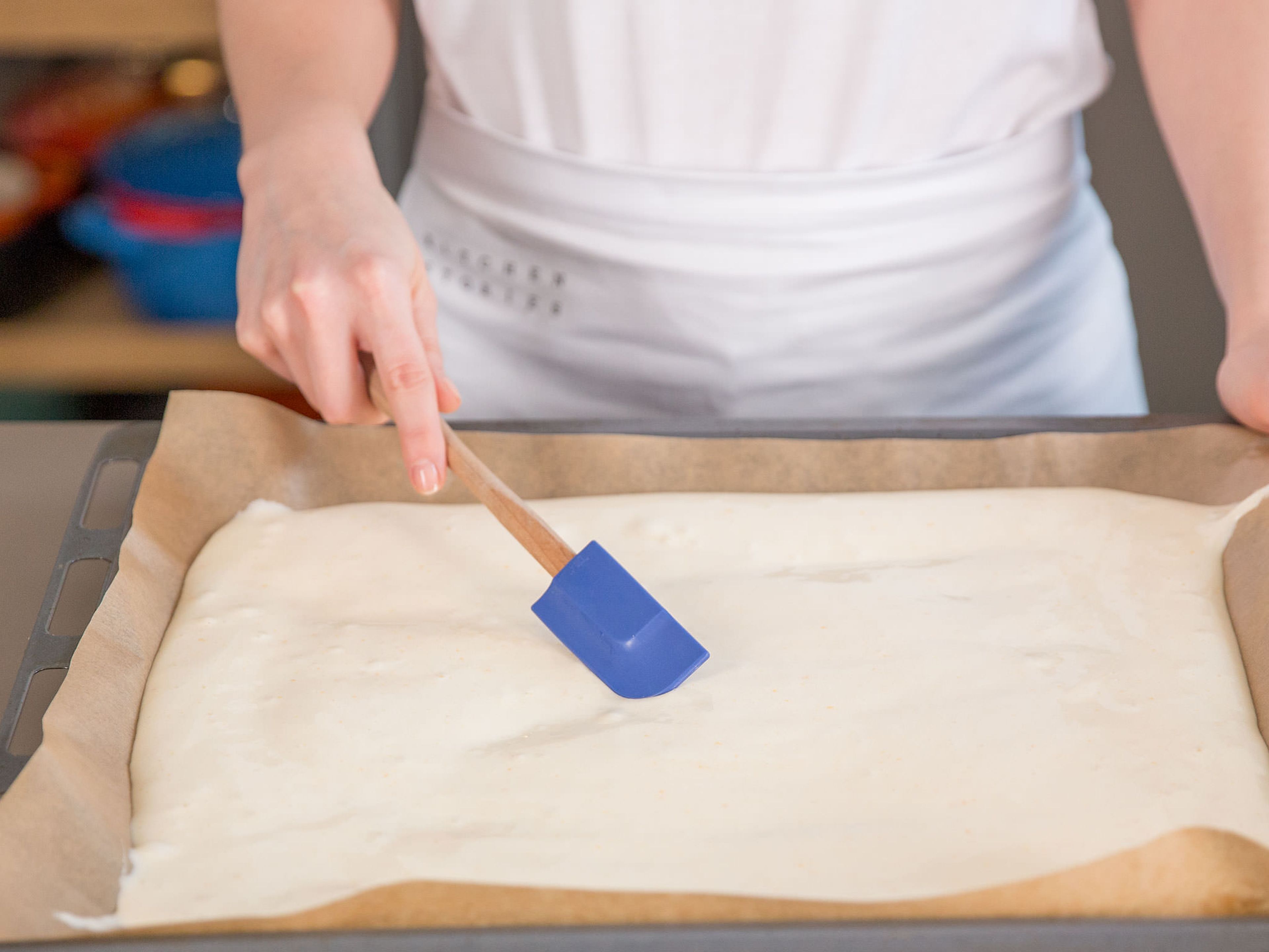 Pour batter onto a parchment-lined baking sheet, smooth out, place in preheated oven, and bake at 200°C/400°F for approx. 8 – 10 min. until golden. Remove from oven and set aside.