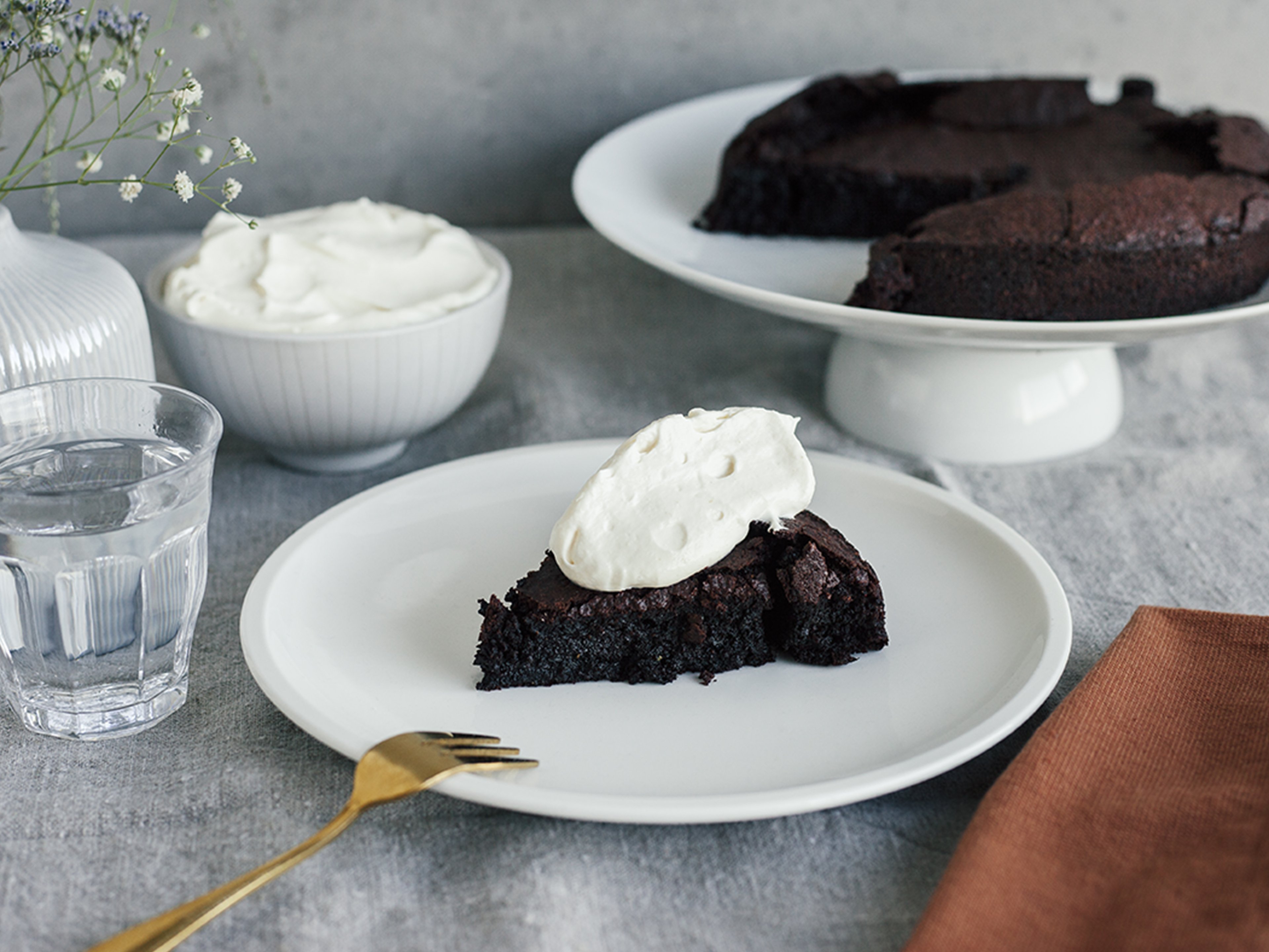 Flourless five-spice chocolate cake with ginger cream