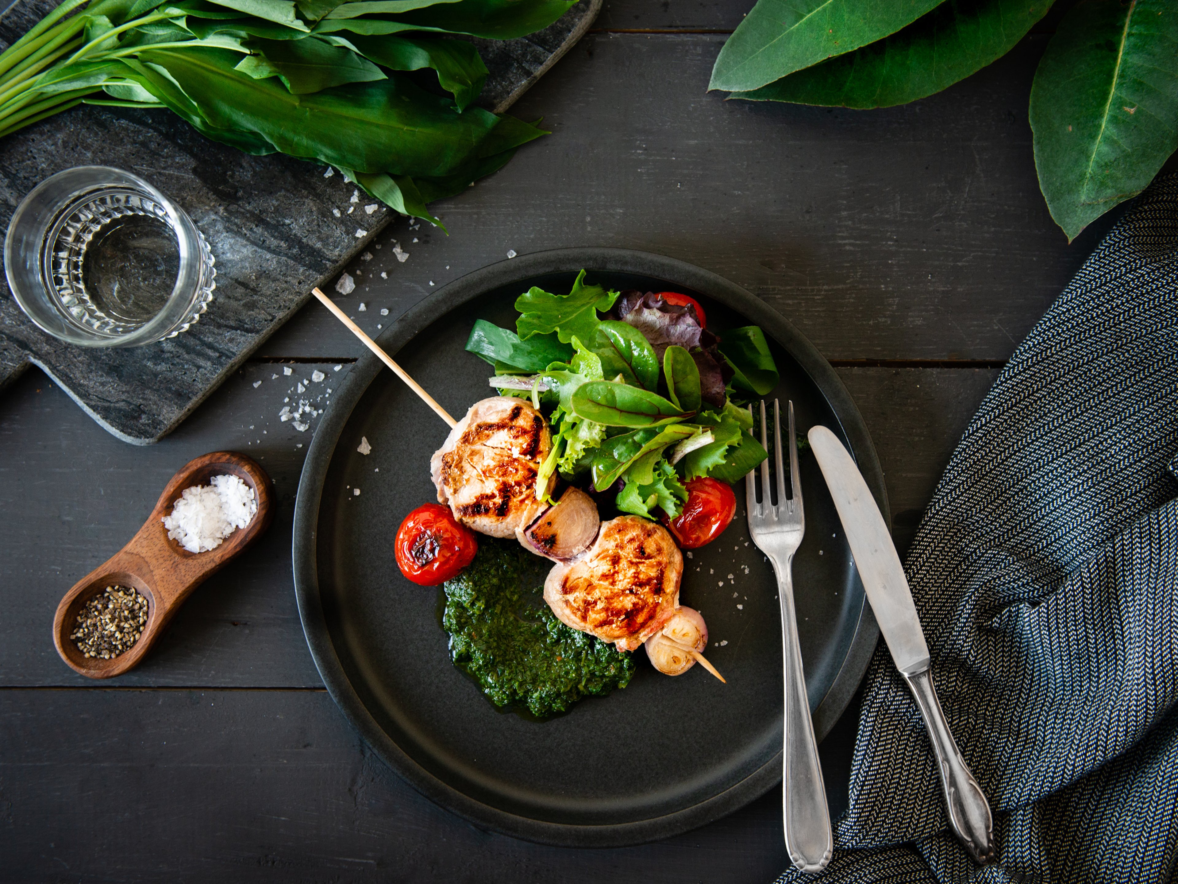 Pork tenderloin skewers with wild garlic chimichurri