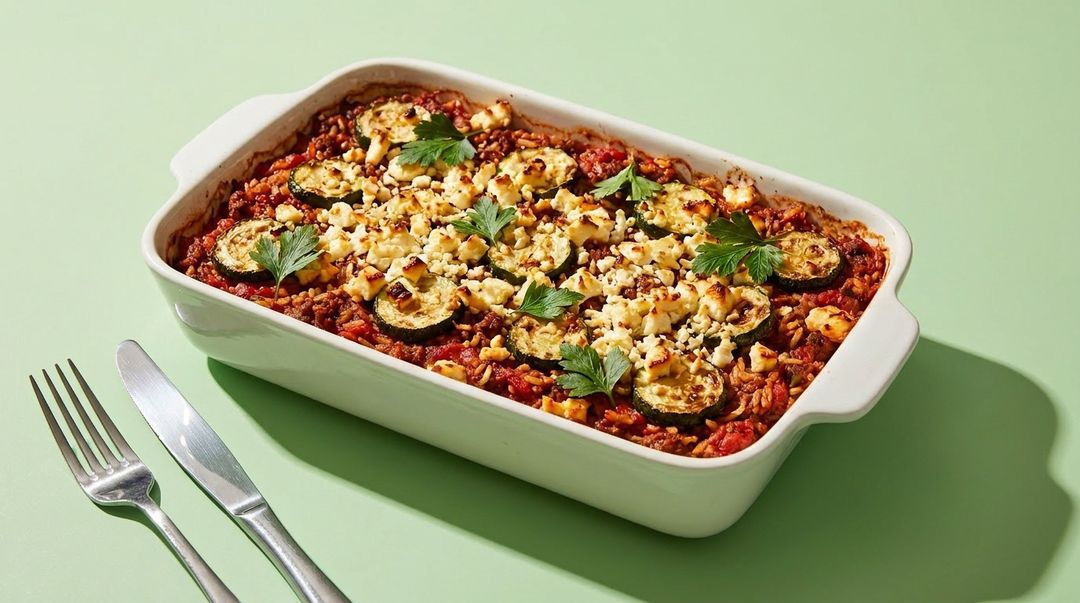 Zucchini-Reis-Auflauf mit Hackfleisch und Feta