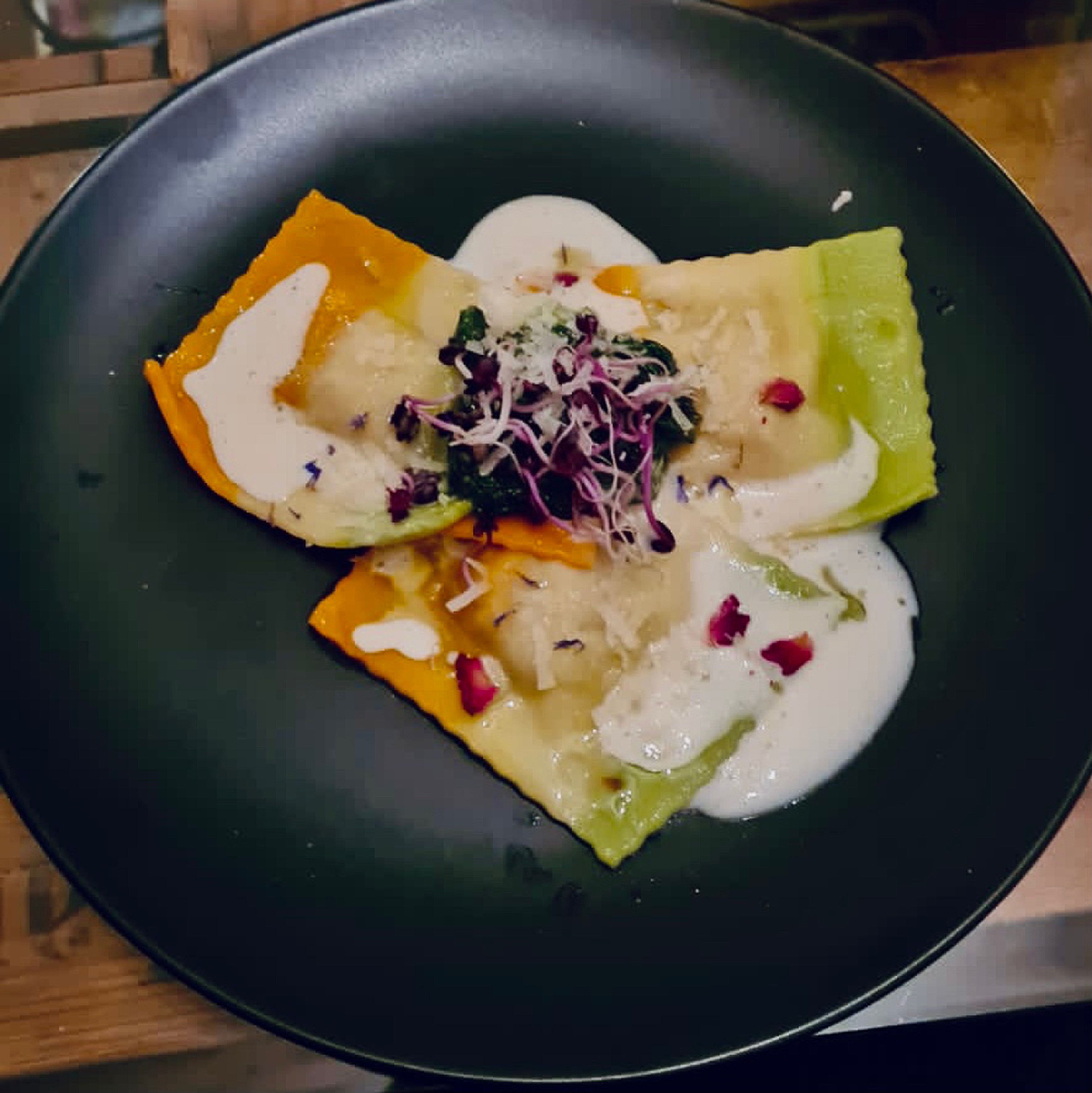 Mushroom ravioli with Parmesan foam