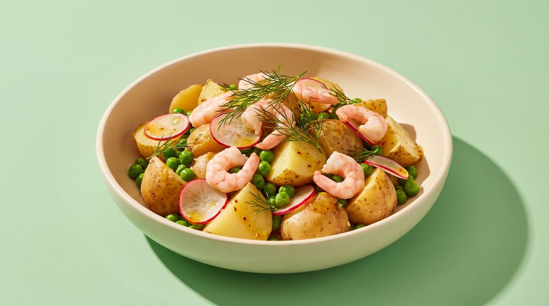 Leichter Kartoffelsalat mit Nordseekrabben und frischem Dill