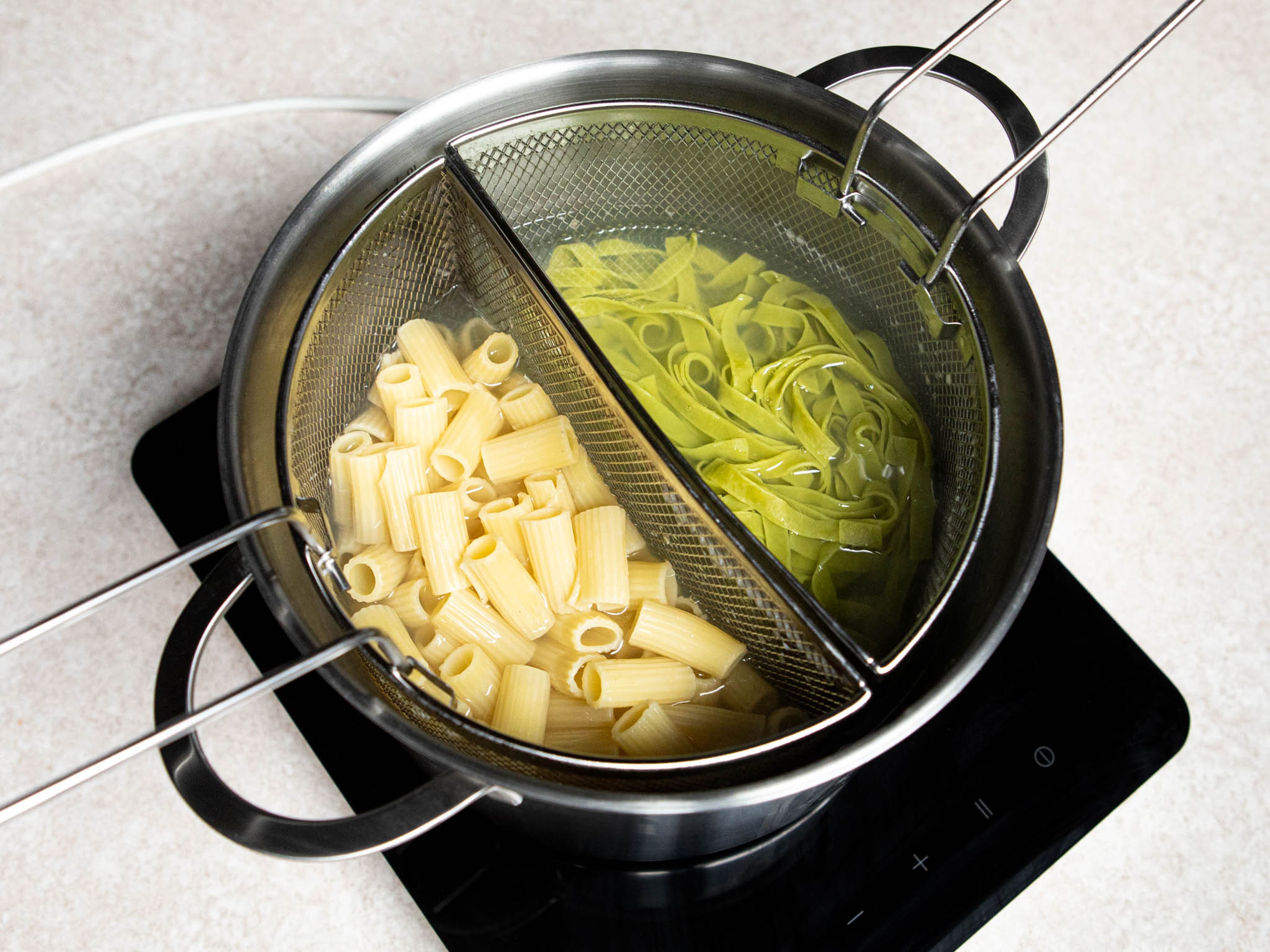 Bring a pot of salted water to a boil. Cook pasta until al dente, then drain, reserving some pasta water.