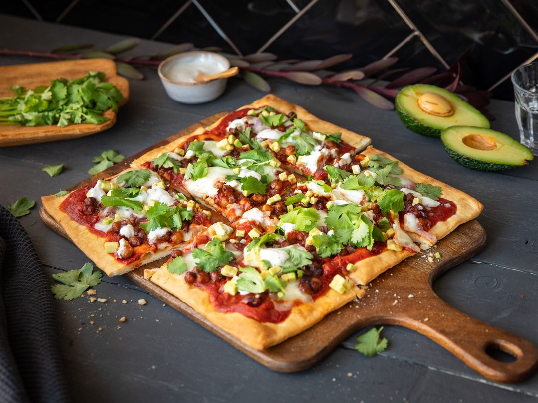 Vegetarian sheet pan pizza with BBQ chickpeas