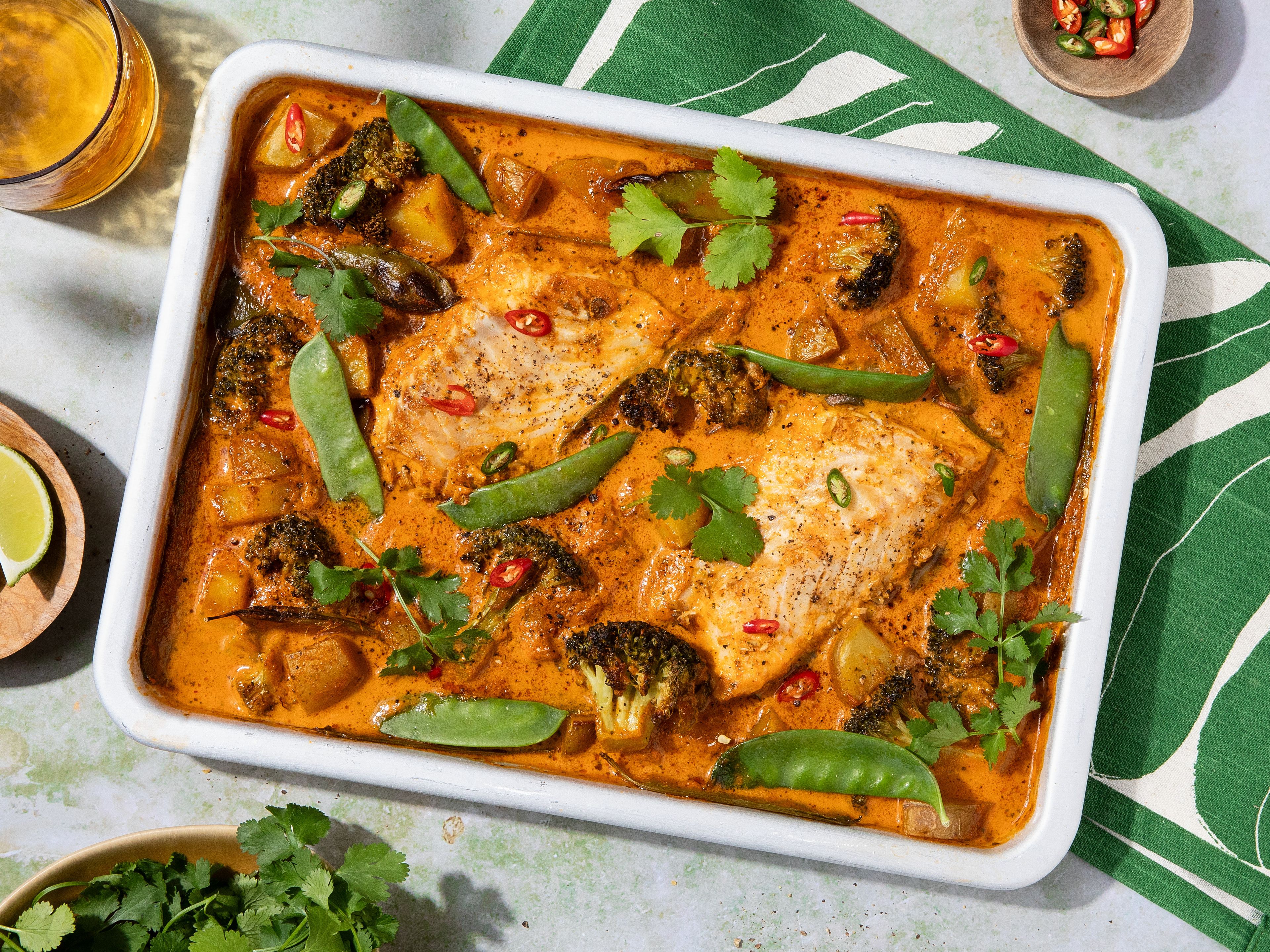 Rotes Fisch-Curry vom Blech