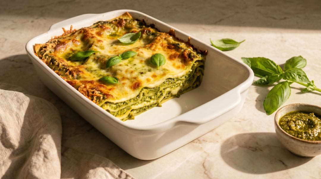 Cremige Pesto-Lasagne frisch aus dem Ofen