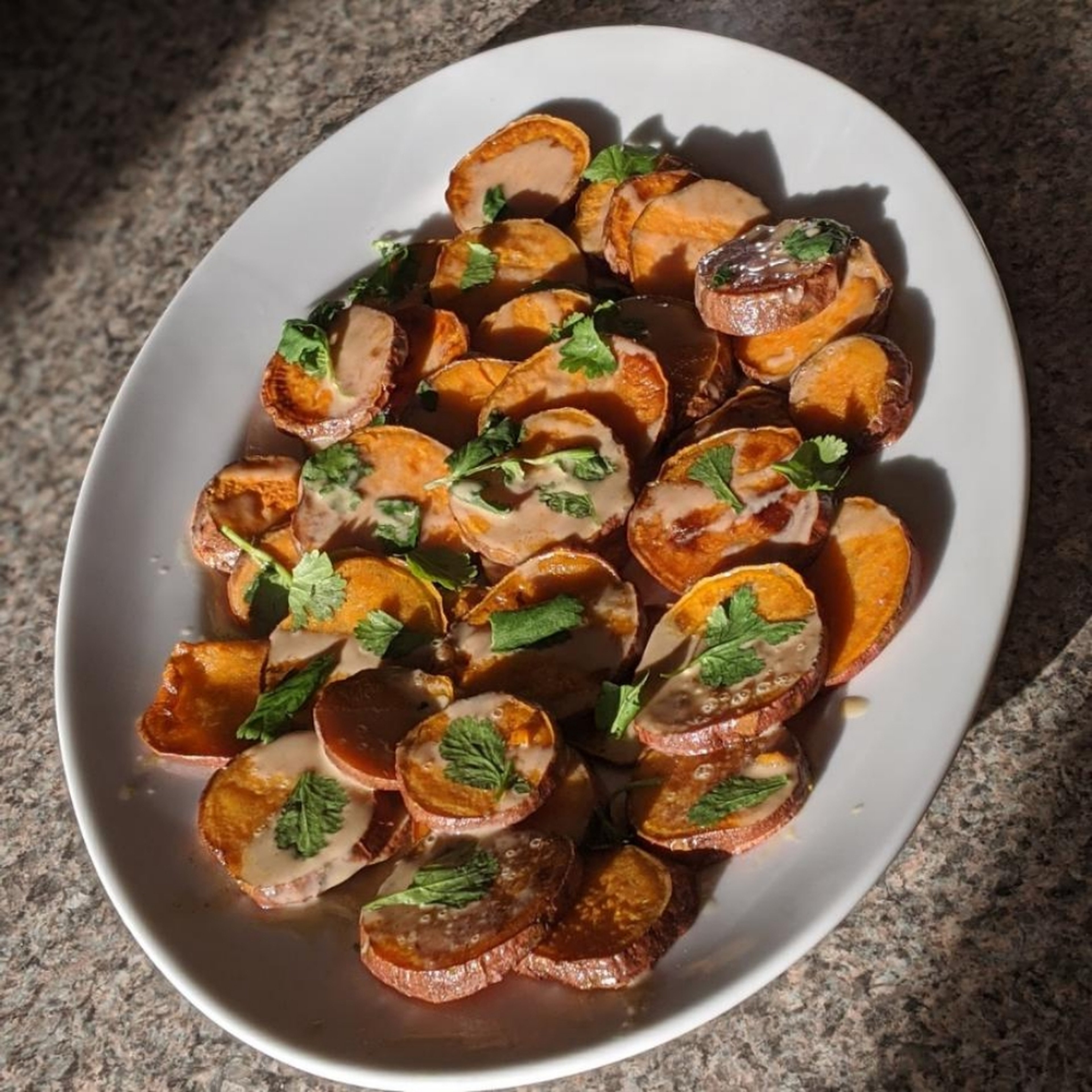 Roasted sweet potatoes with Lemon Tahini Drizzle