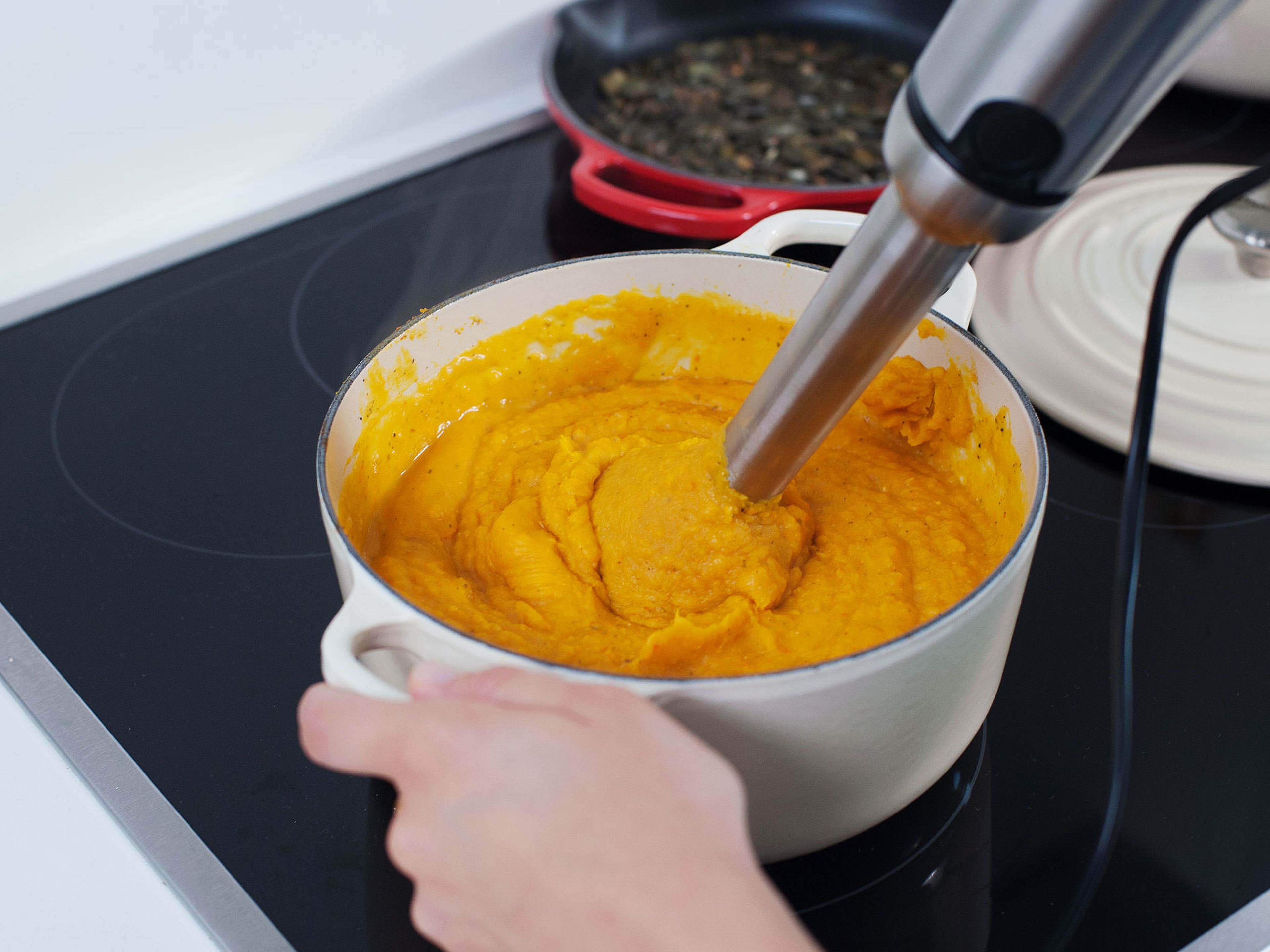 Remove pot from heat and purée pumpkin with a hand blender until smooth. Season with lemon juice and salt and pepper, to taste.