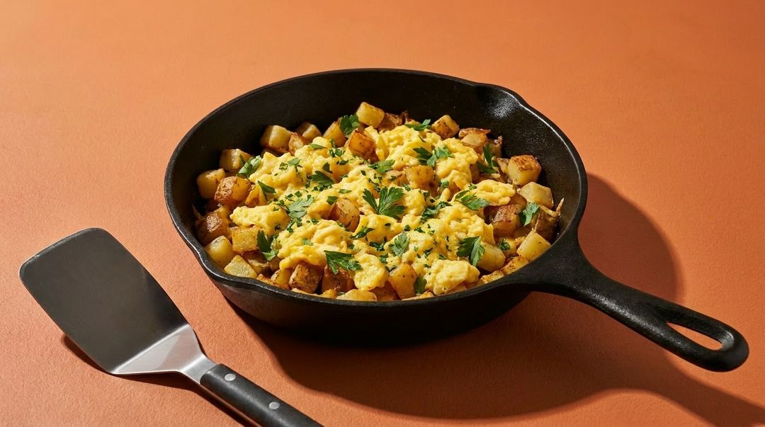 Deftiges Frühstück aus der Pfanne: Es gibt Rührei-Kartoffeln mit Käse