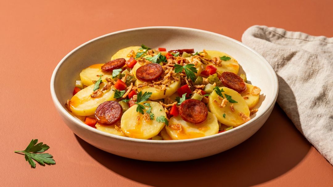 Pikanter Kartoffelsalat mit Chorizo und knusprigen Röstzwiebeln ganz ohne Mayonnaise