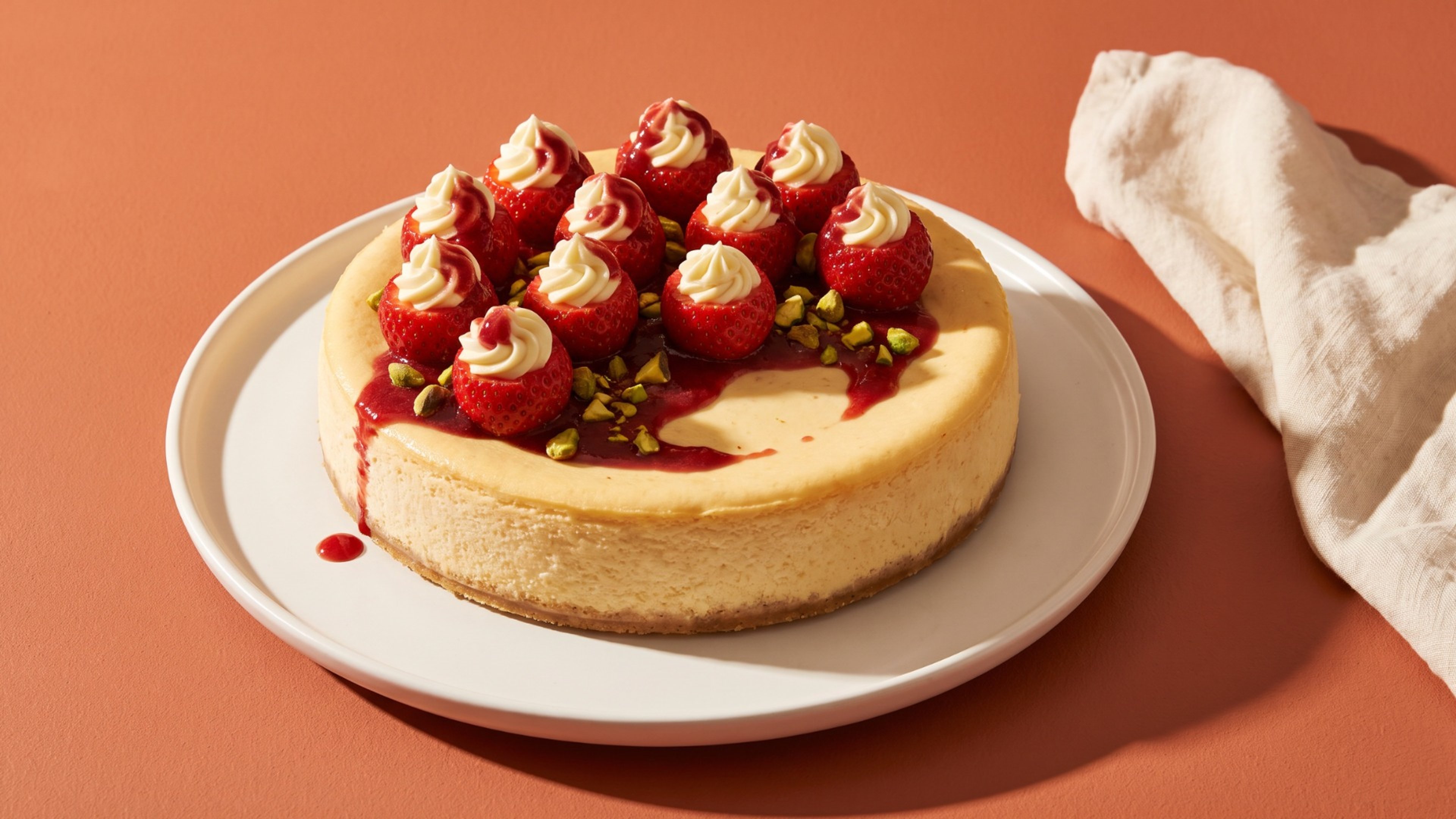 Cremiger Käsekuchen mit gefüllten Erdbeeren und Pistazien