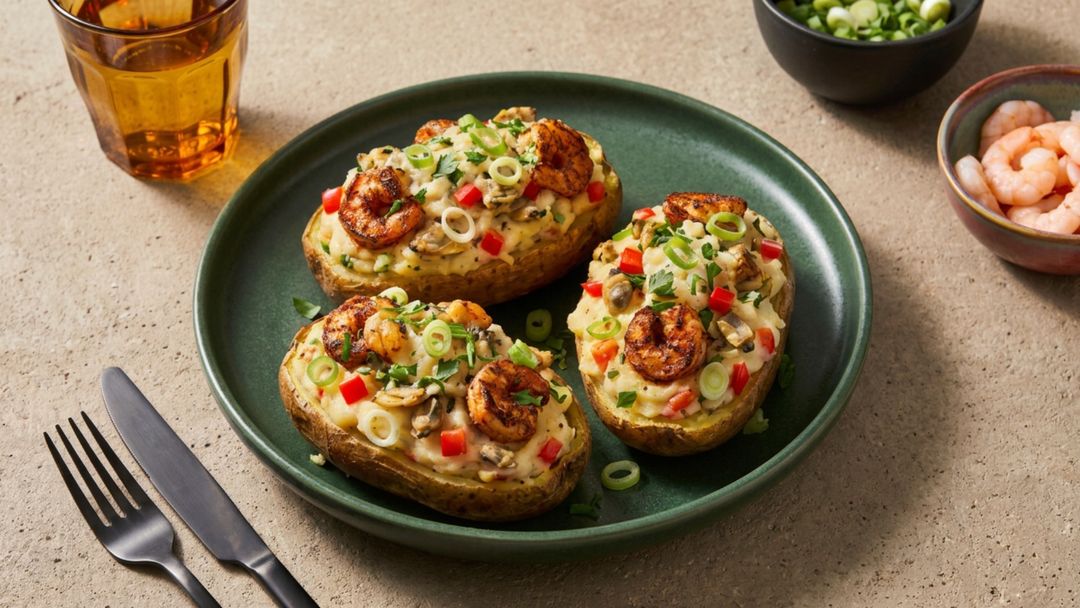 Gefüllte Ofenkartoffeln mit Garnelen, Muscheln und geschmolzenem Käse