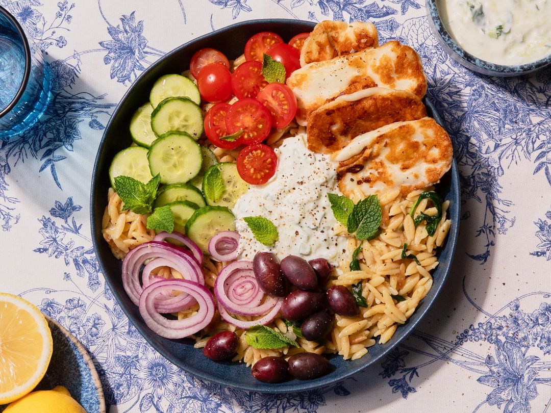 Halloumi tzatziki bowl with lemony orzo