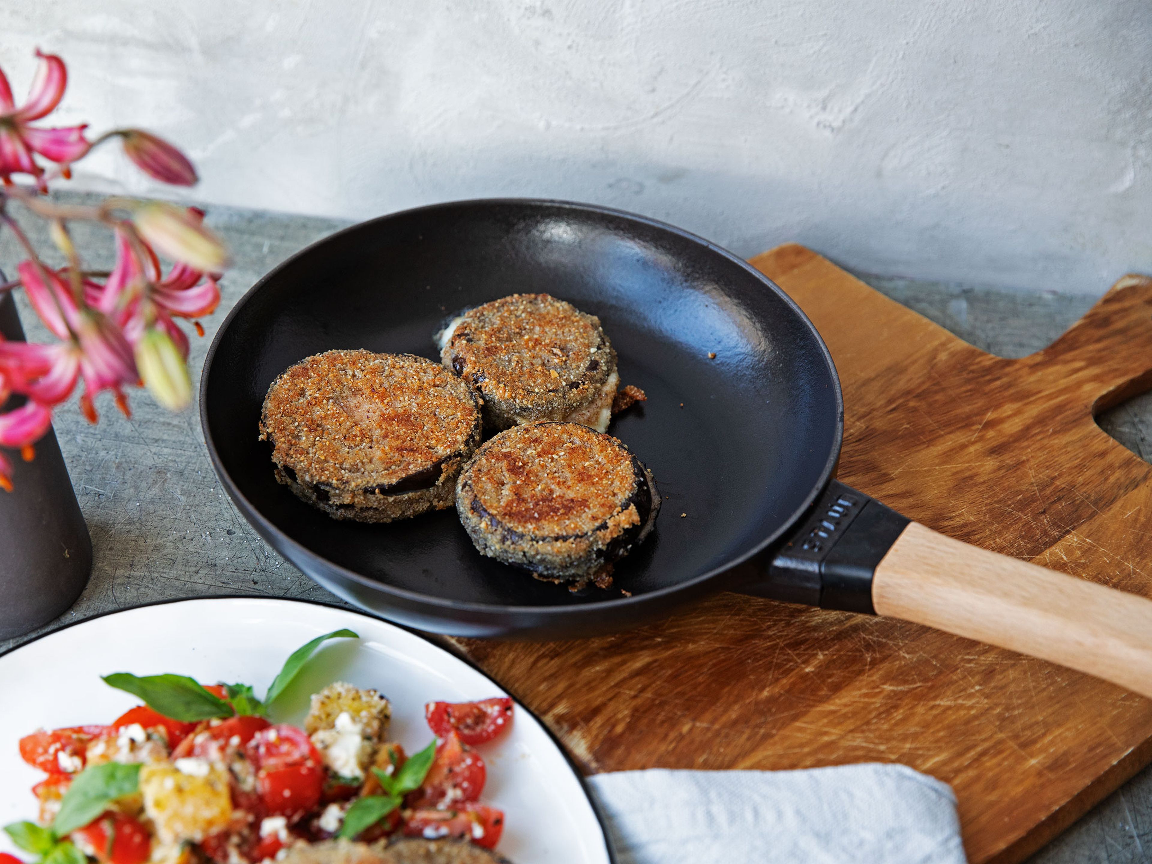 Eggplant cordon bleu with tomato and bread salad