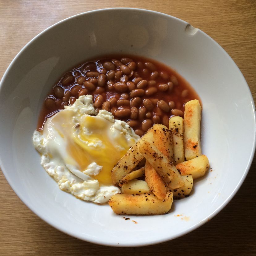 Classic eggs,beans and chips.