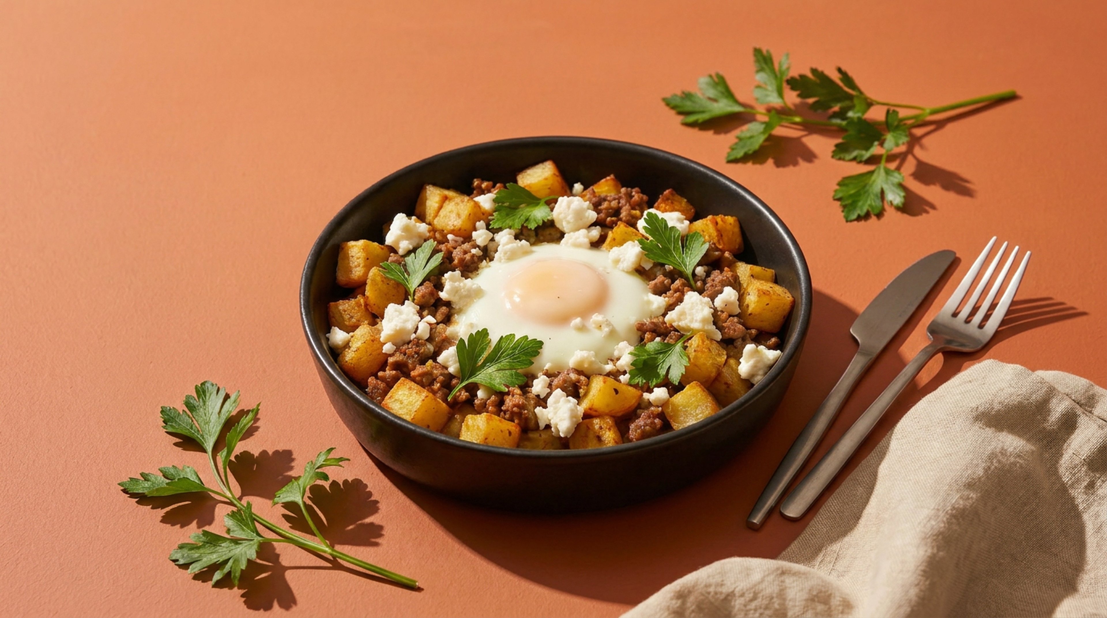 Deftiges Hirtenfrühstück mit Hackfleisch, Kartoffeln und Feta