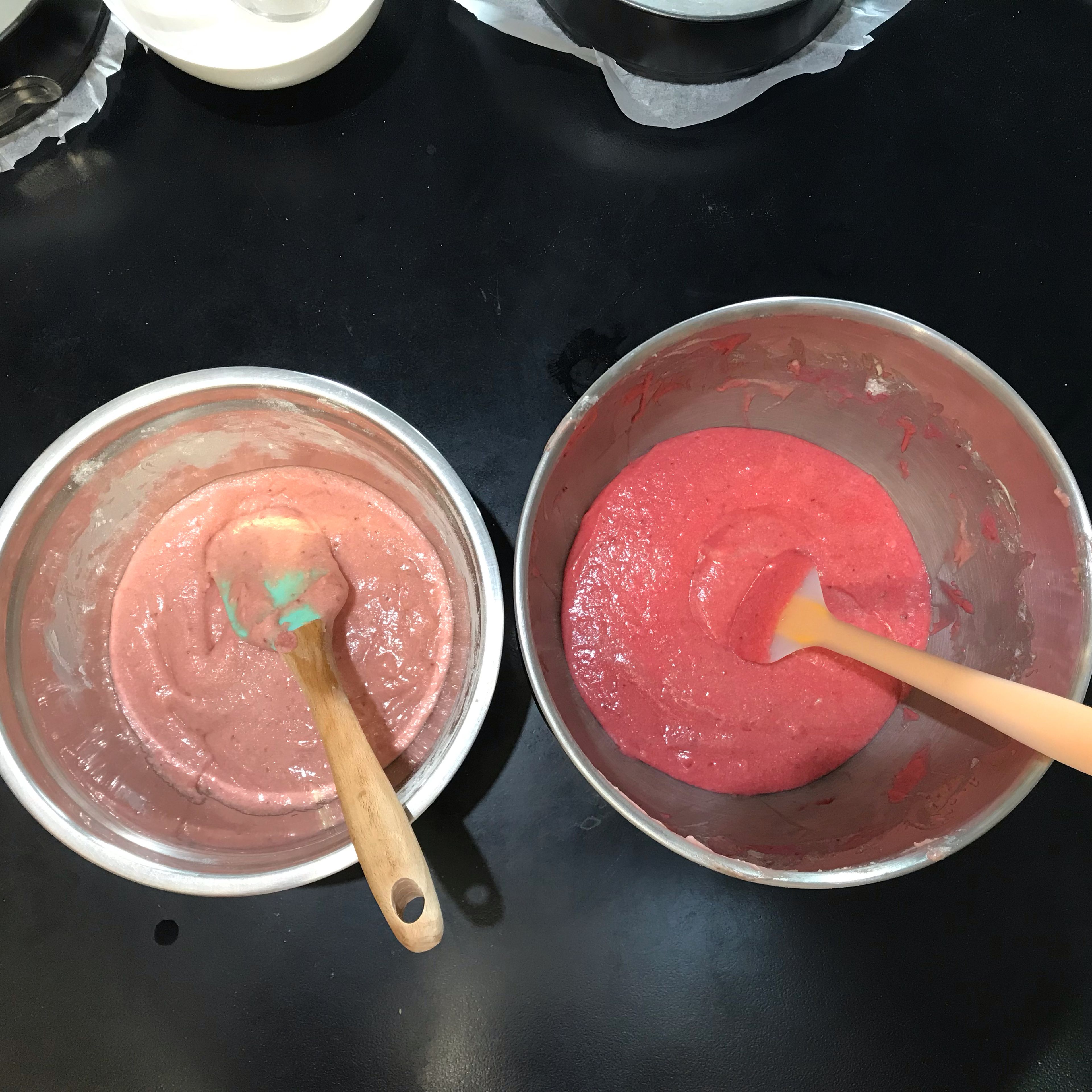 Divide the batter evenly between two bowls. Tint one with red food coloring and mix until colored.