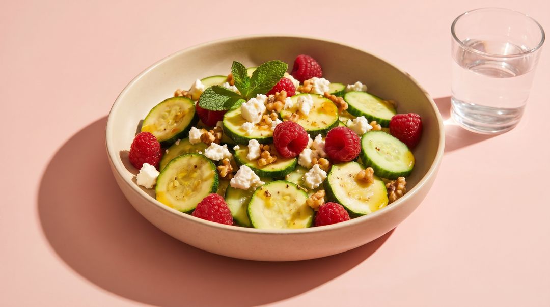 Erfrischender Zucchini-Gurken-Salat mit Feta und Himbeeren