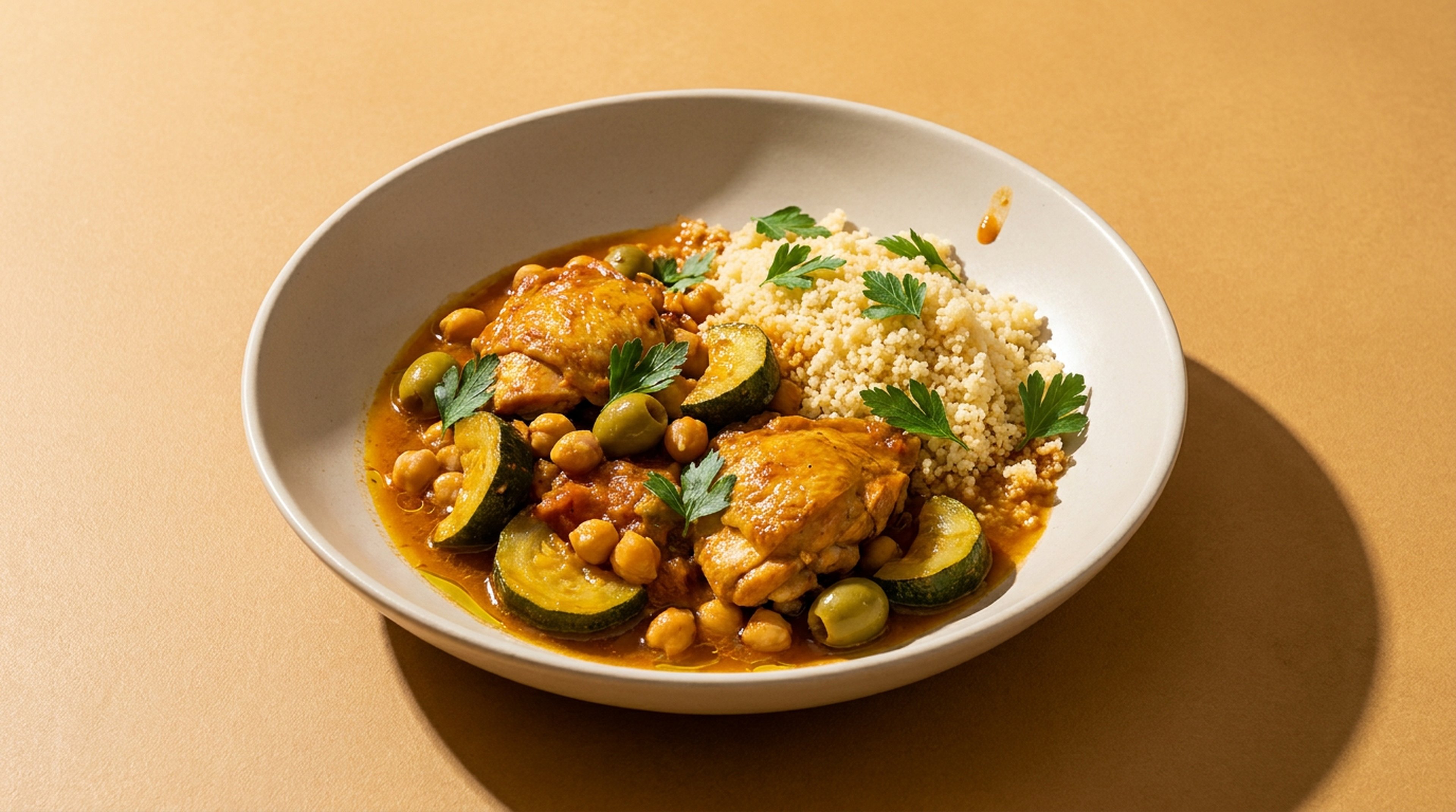 Marokkanisch inspiriertes Zitronenhähnchen mit Zucchini und Kichererbsen