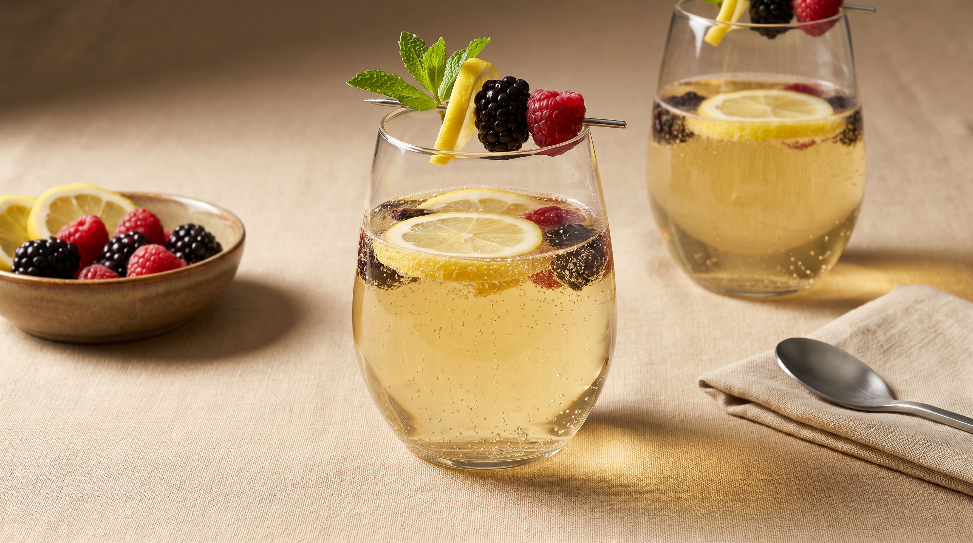 Spritzige Limoncello Sangria mit Weißwein und frischen Früchten