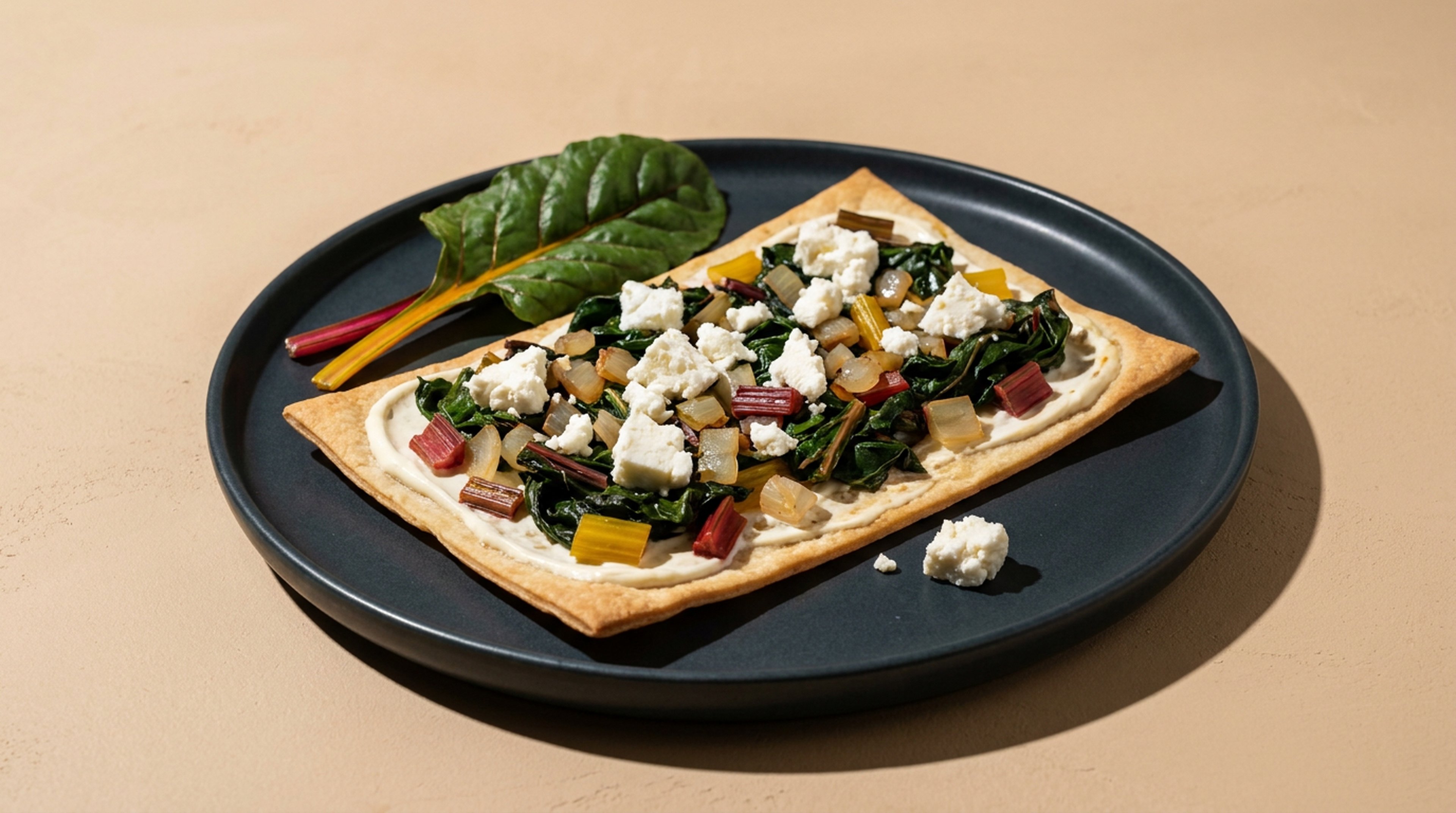 Sommerlicher Flammkuchen mit buntem Mangold und cremigem Feta