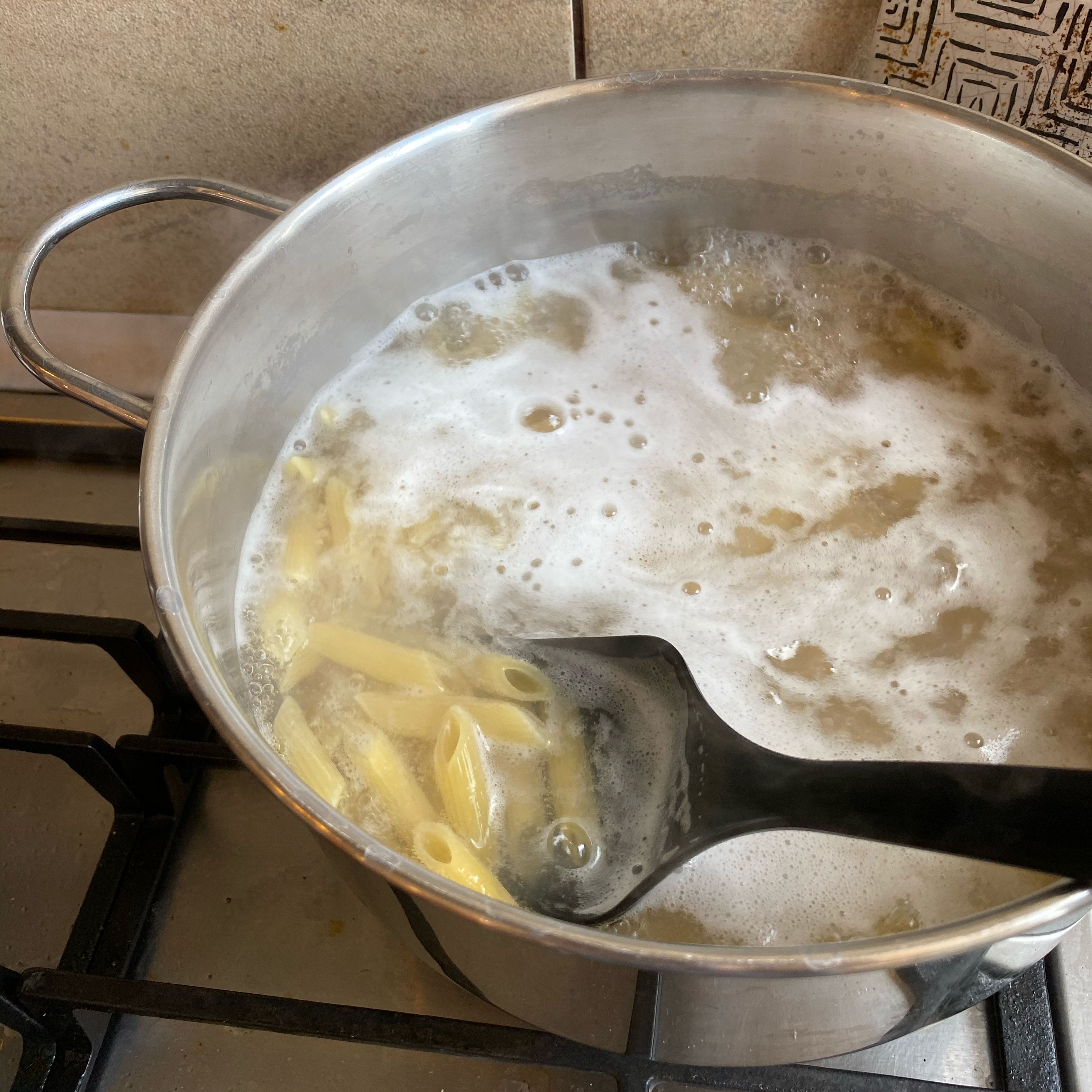 In the meantime, add the pasta to salted boiling water and cook for 11 min. Keep a cup of pasta water to add to the sauce later. (It will make it creamy)