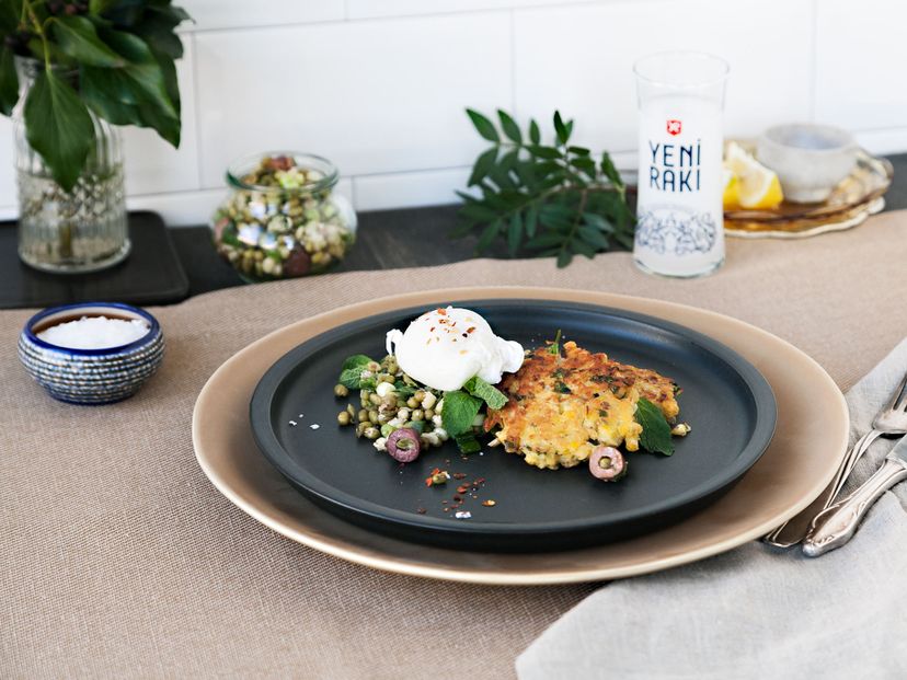 Lentil cakes with poached egg and mung bean salad