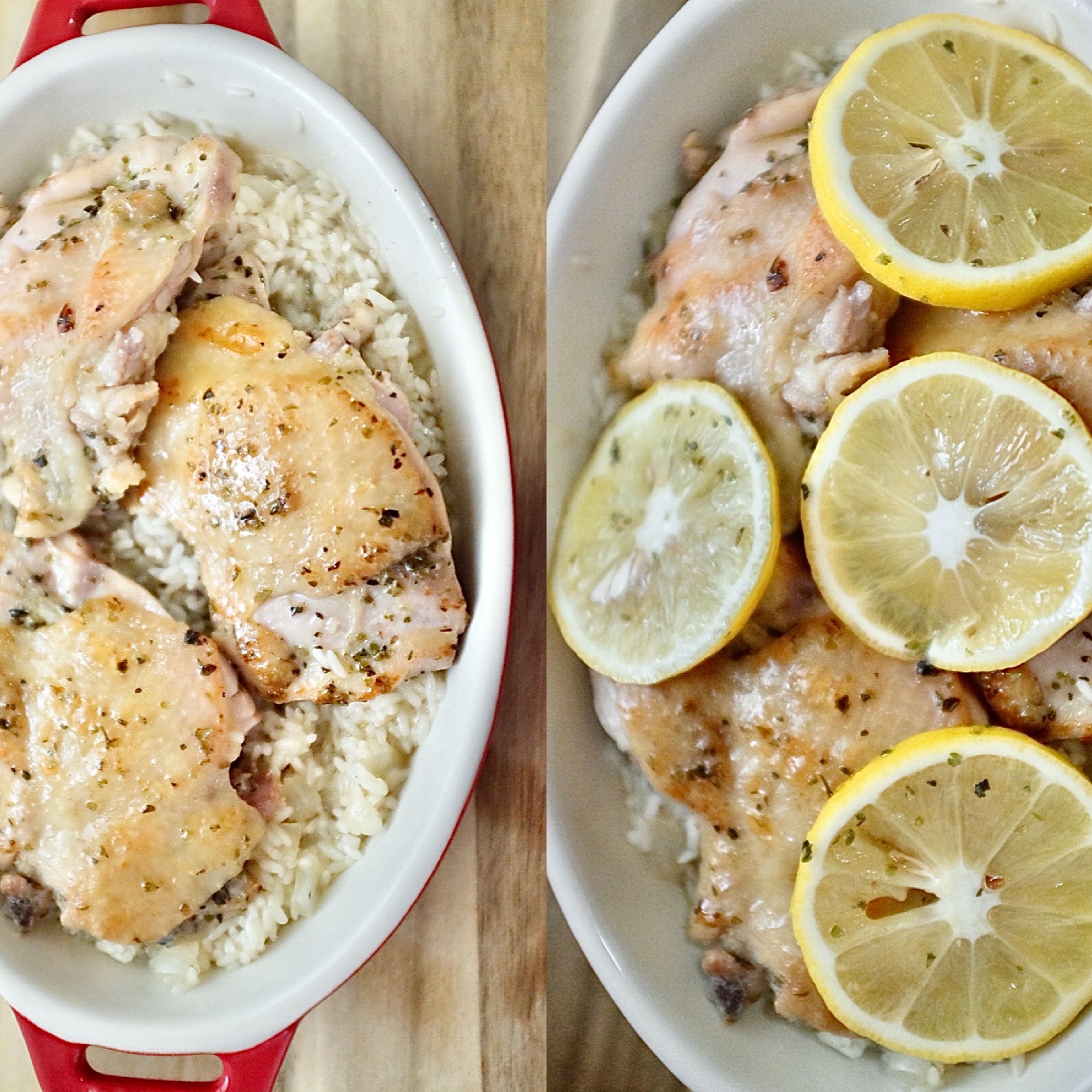 Preheat the oven to 200c. Place the rice into a deep roasting pan and add the chicken thighs and lemon on it .