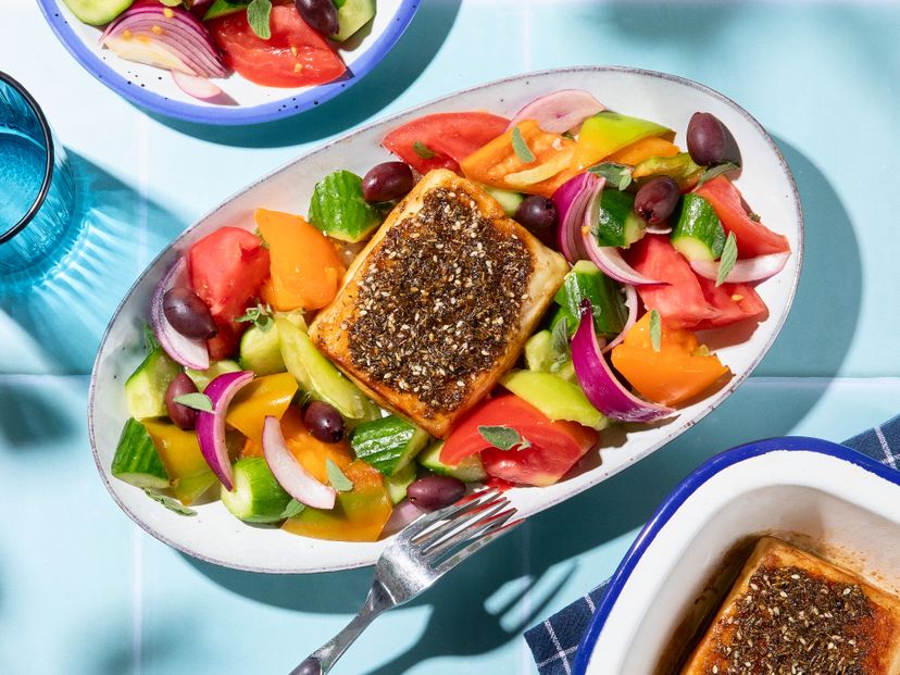 Zaatar-honey glazed halloumi steaks with Greek salad