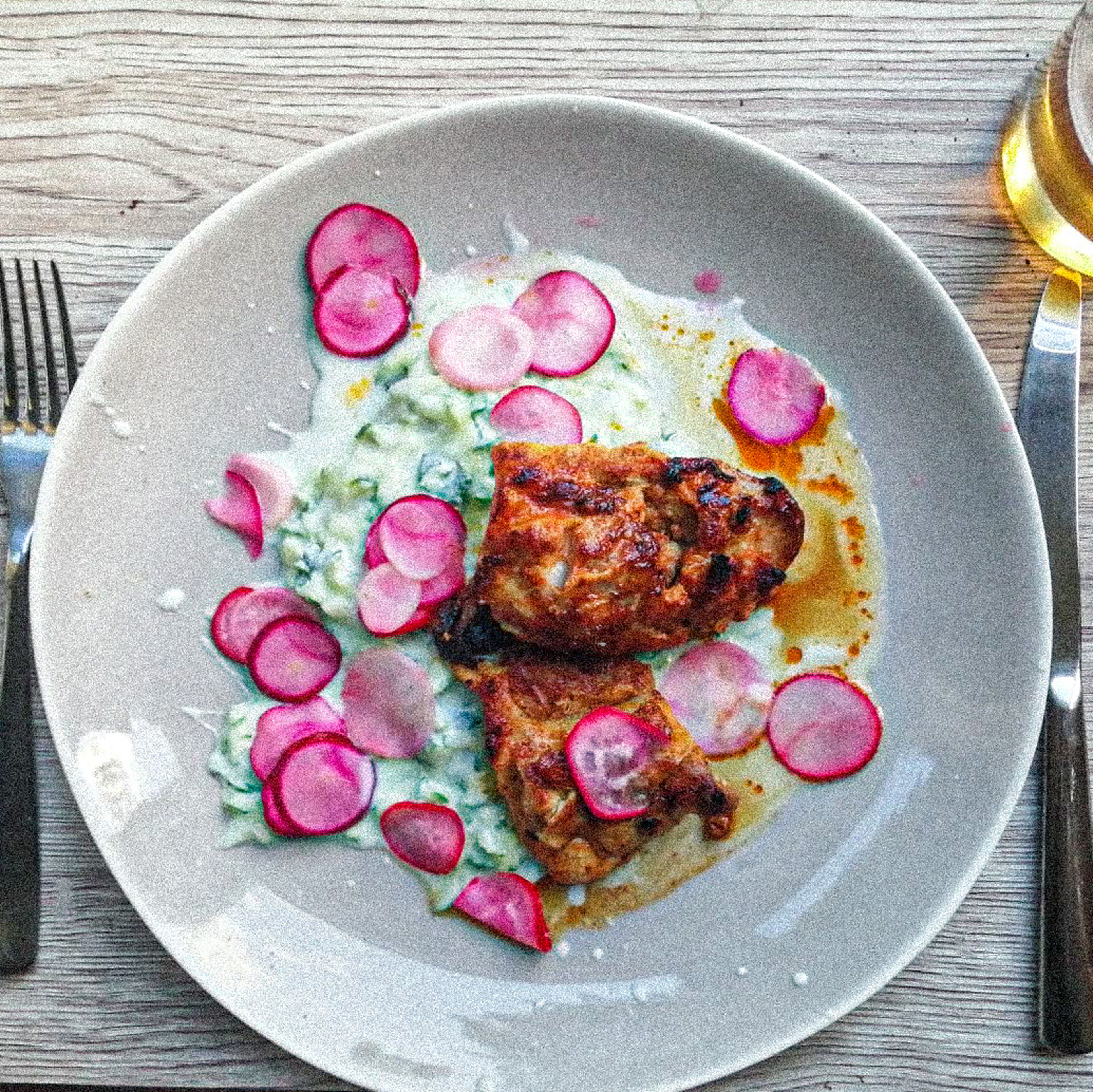 Chicken, Yoghurt, Cucumber, Radishes.