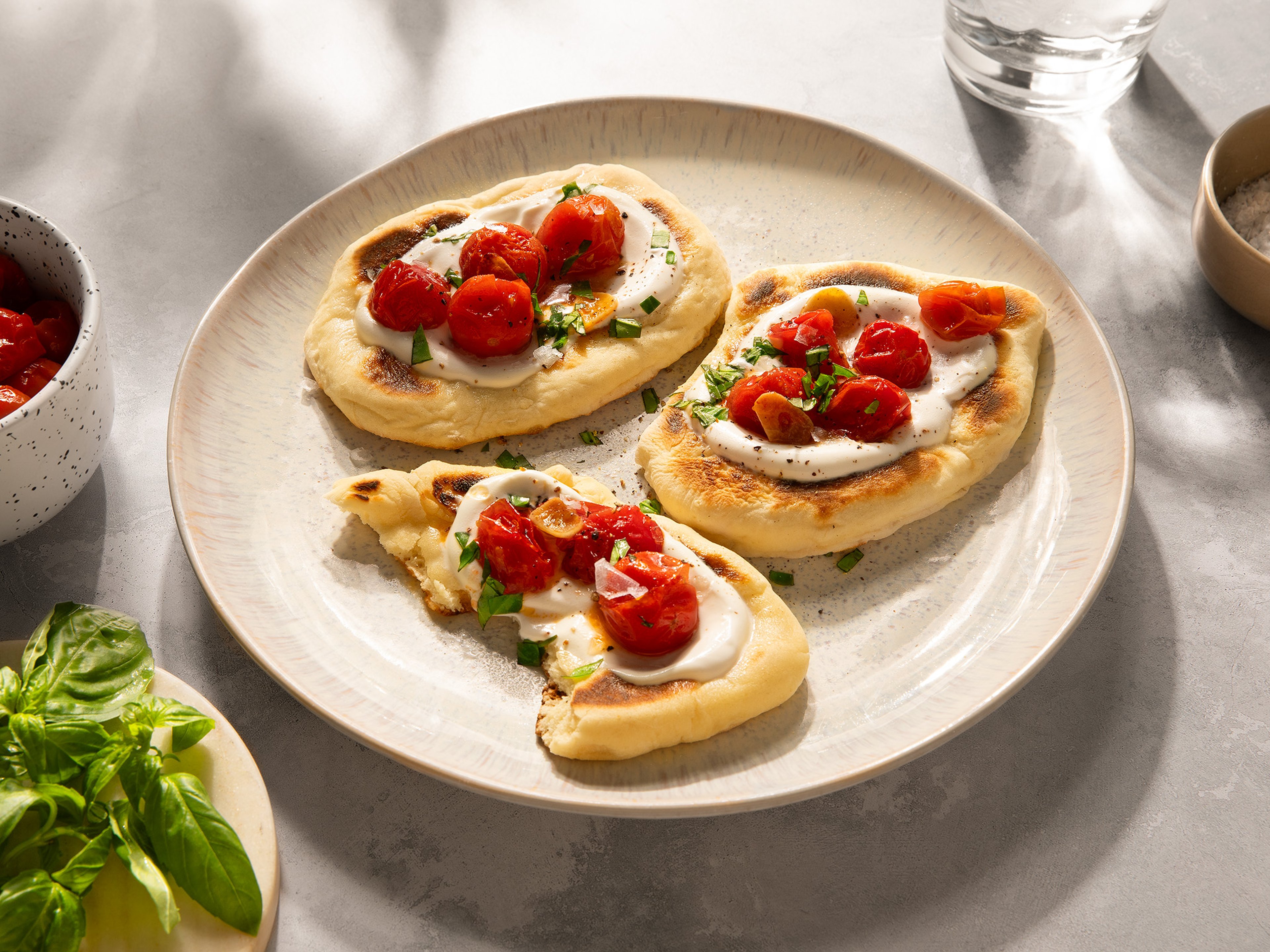 Bursting Tomato Flatbread with Spinach and Burrata