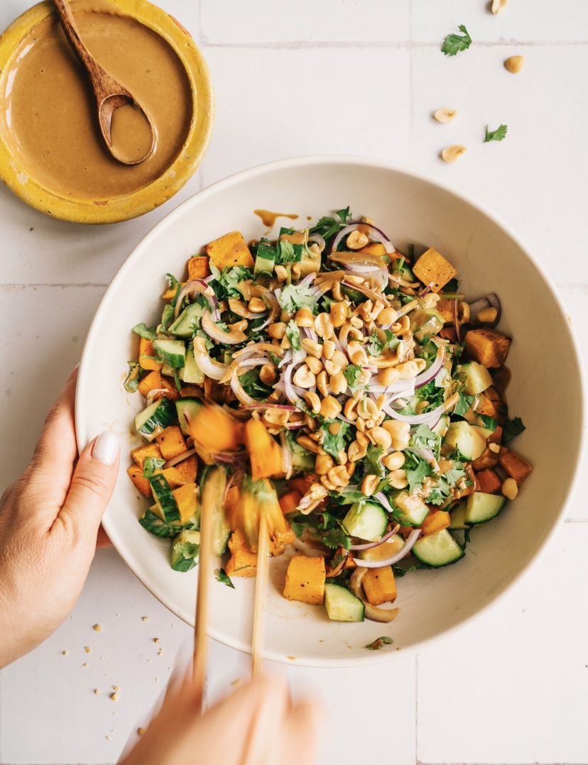 Cucumber and sweet potato salad with peanut dressing