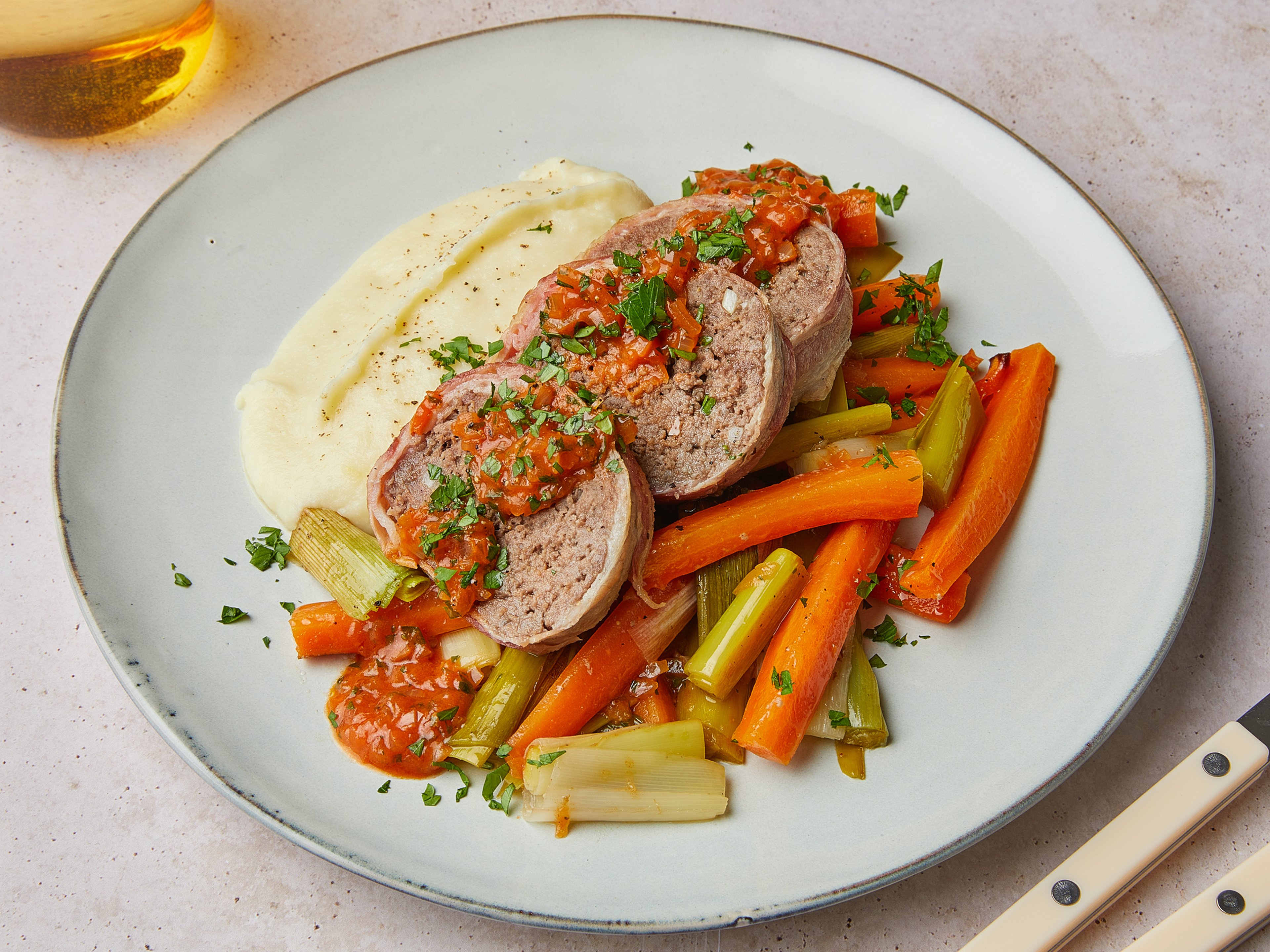 Beef meatloaf with cauliflower purée and onion gravy