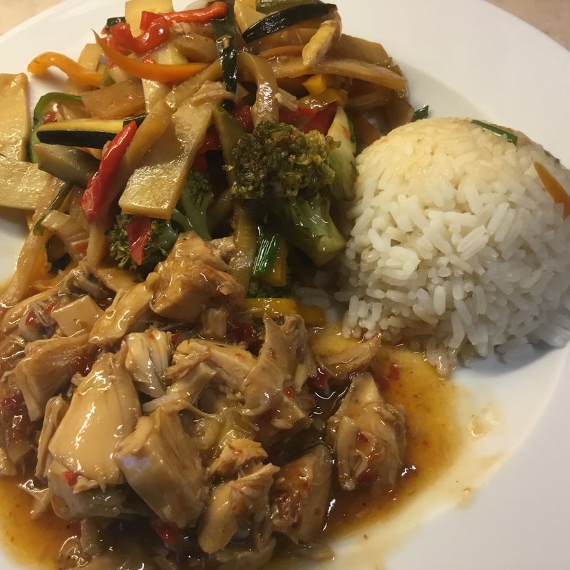 Hühnerfleisch in Hoisinsauce mit einfachem Asiagemüse