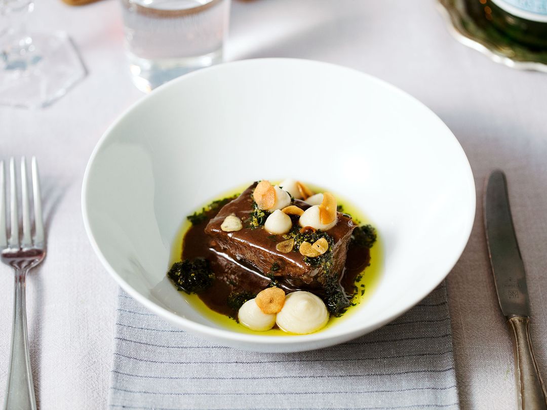 Braised ox cheeks with celery purée and gremolata
