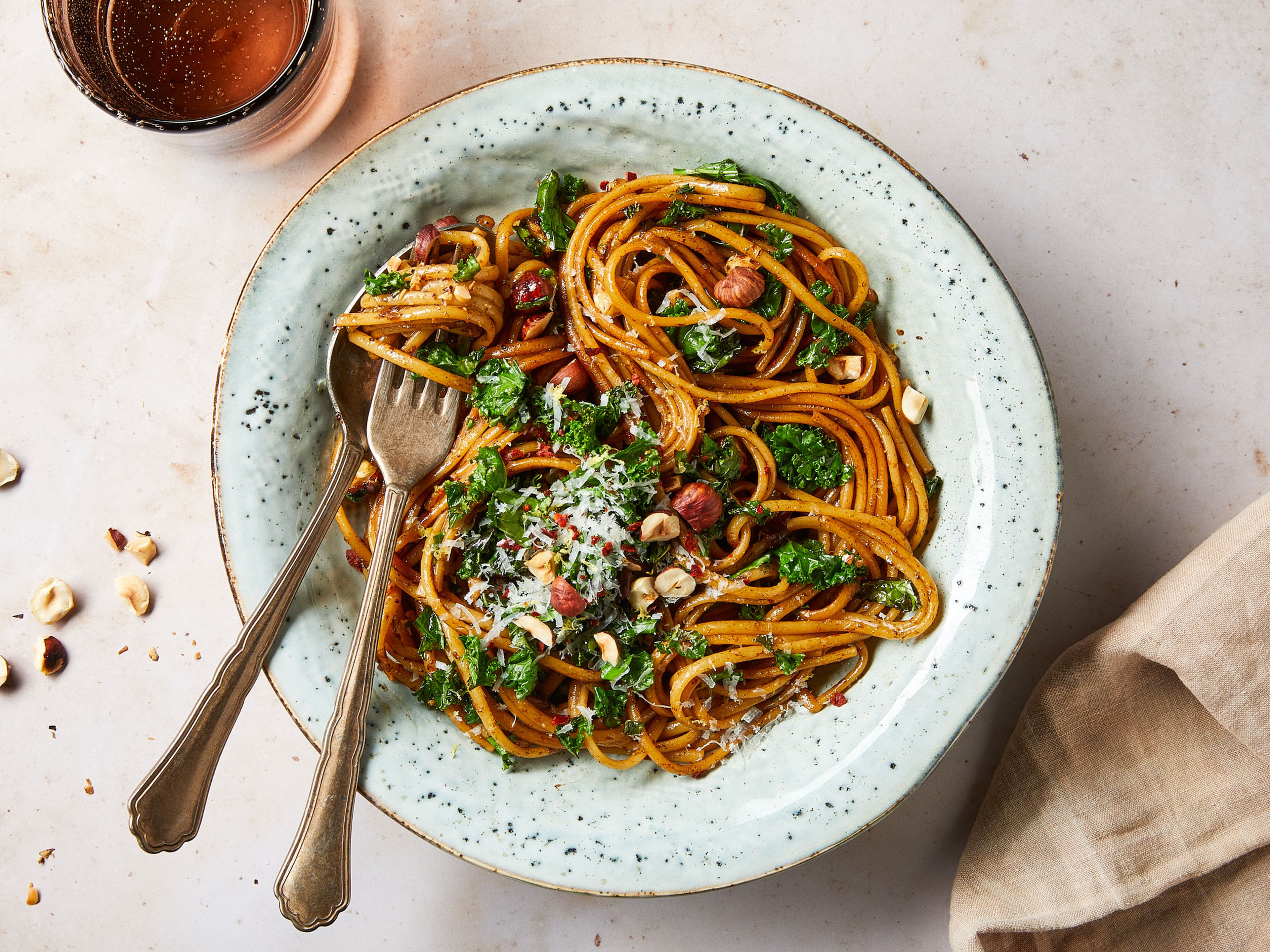 Winter pasta with brown butter, hazelnuts, and kale