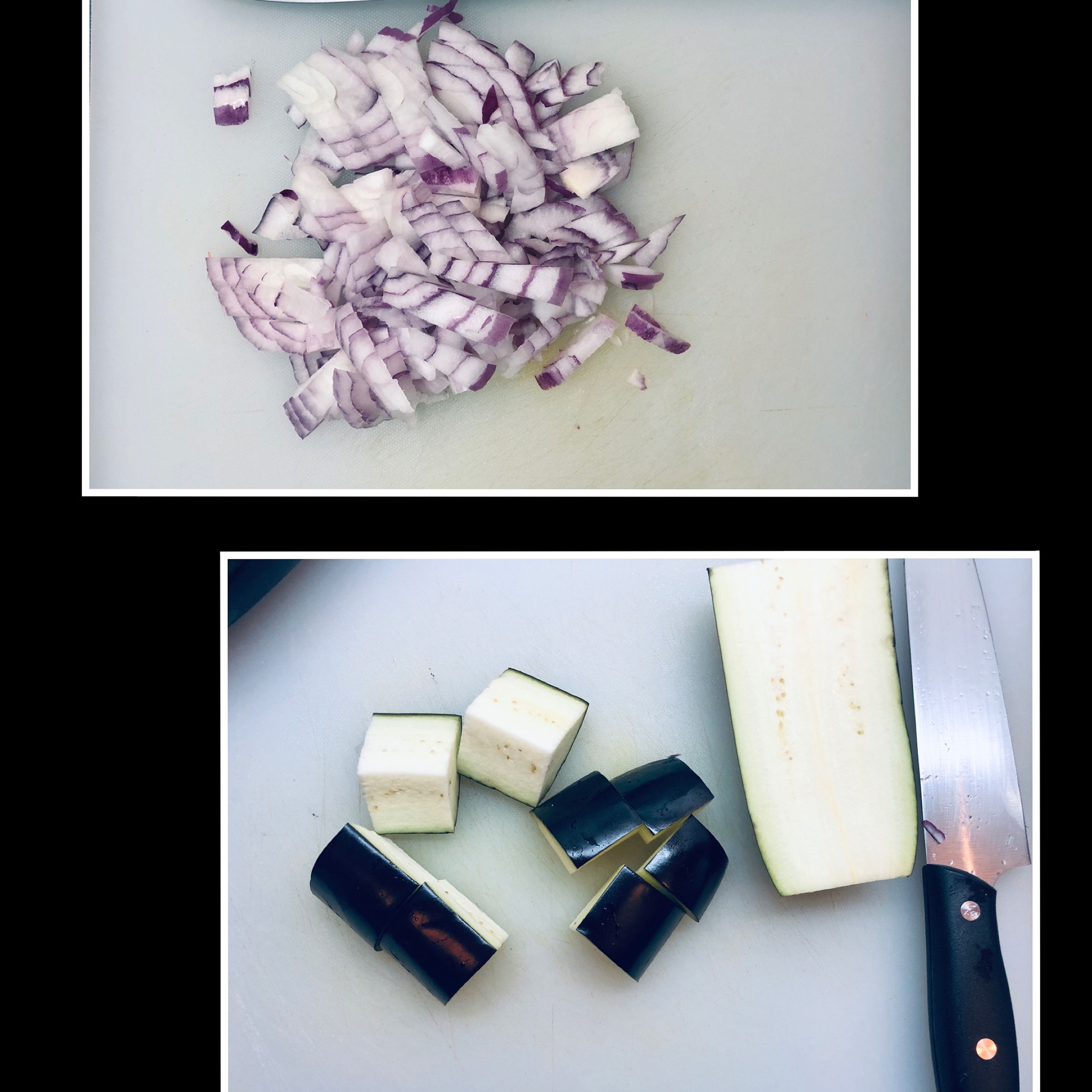 Finely chop the onion. Cut eggplant into medium-sized cubes.