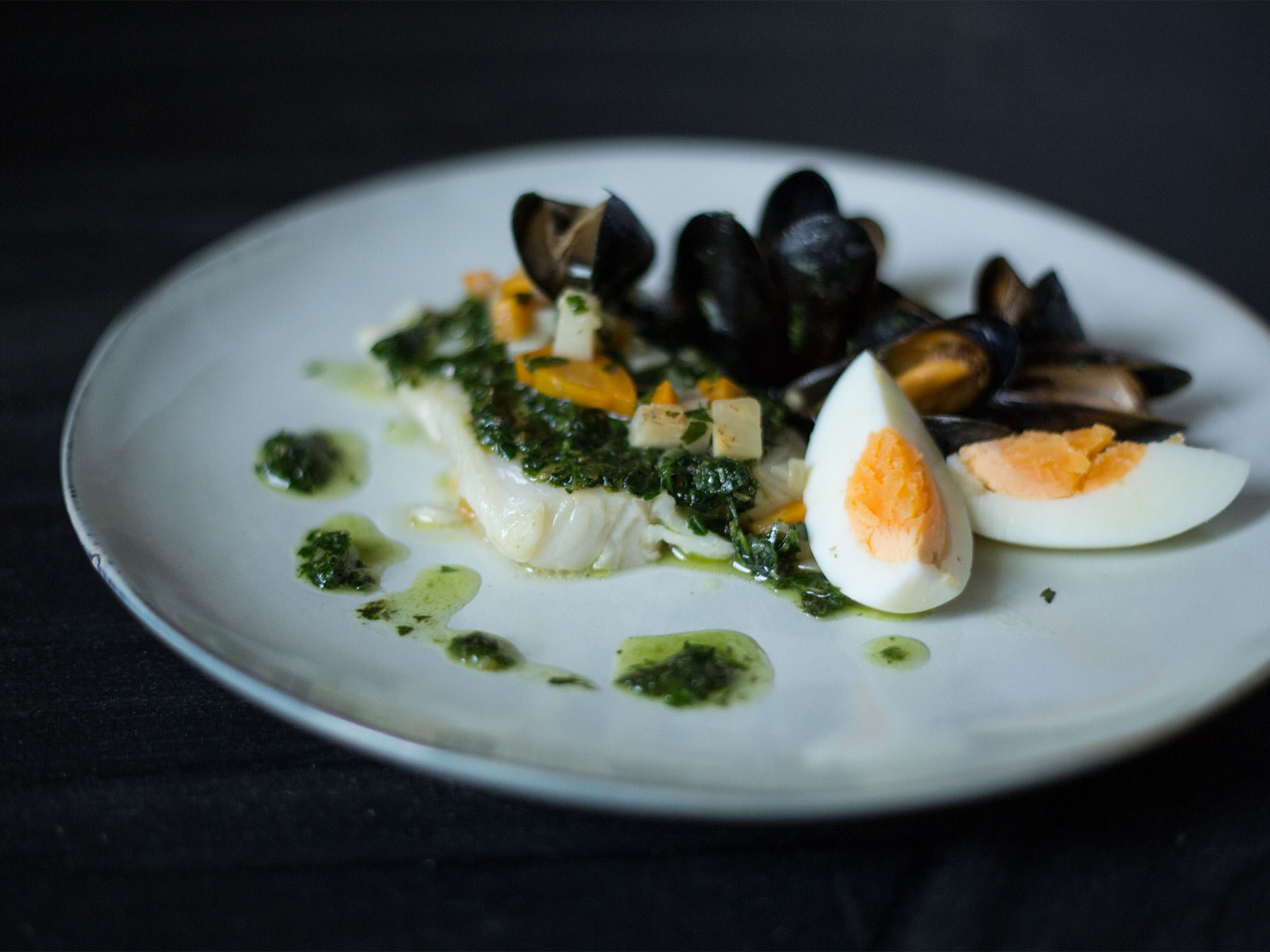 Hake with mussels and salsa verde