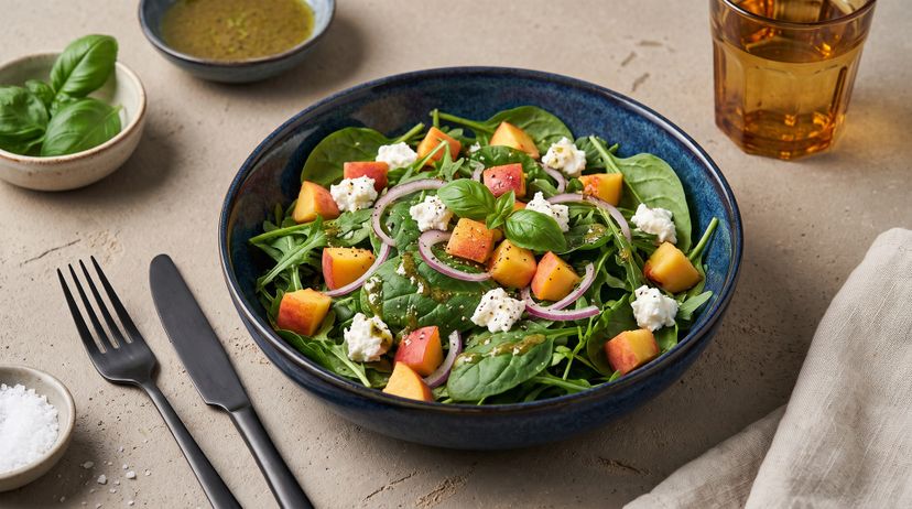 Dieser Pfirsichsalat mit cremigem Ziegenkäse und Basilikum-Vinaigrette passt immer!