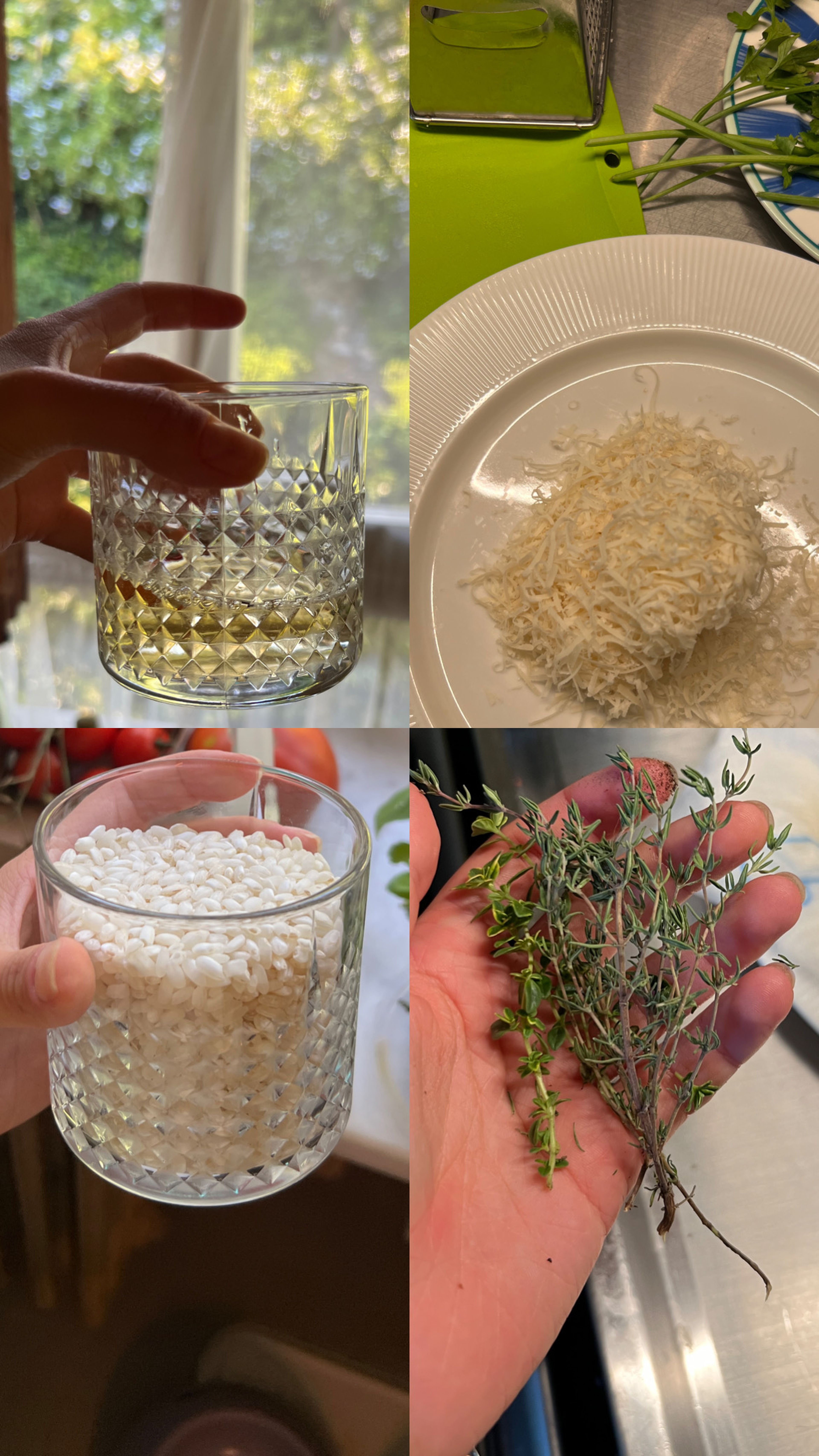 Premeasure all the ingredients (white wine, rice), grate parmesan cheese and if you can better to use fresh herbs to enhance the flavous, but if you can't, use dry herbs also really good.