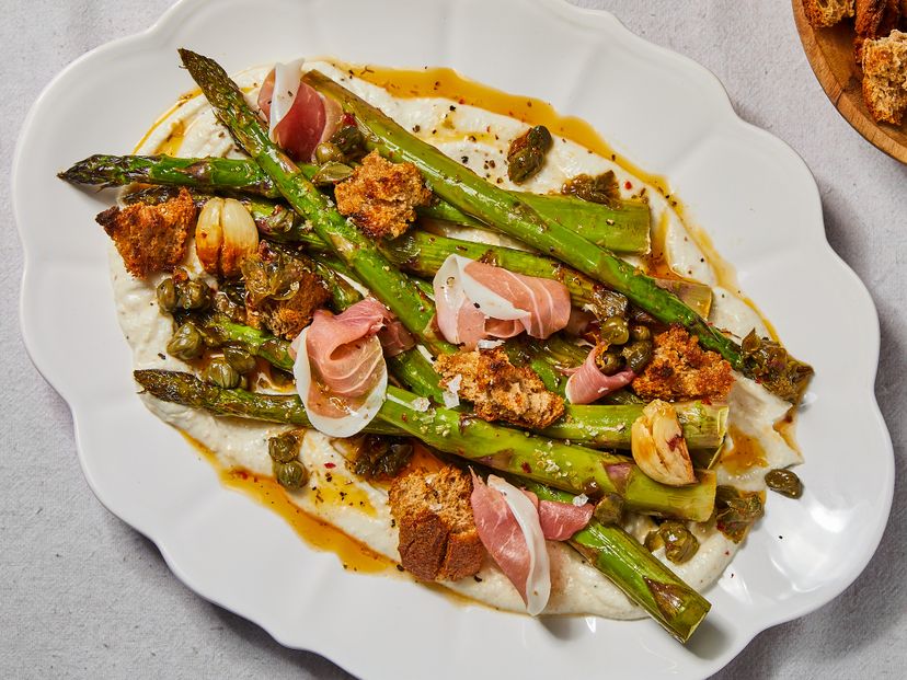 Roasted asparagus with whipped feta and prosciutto