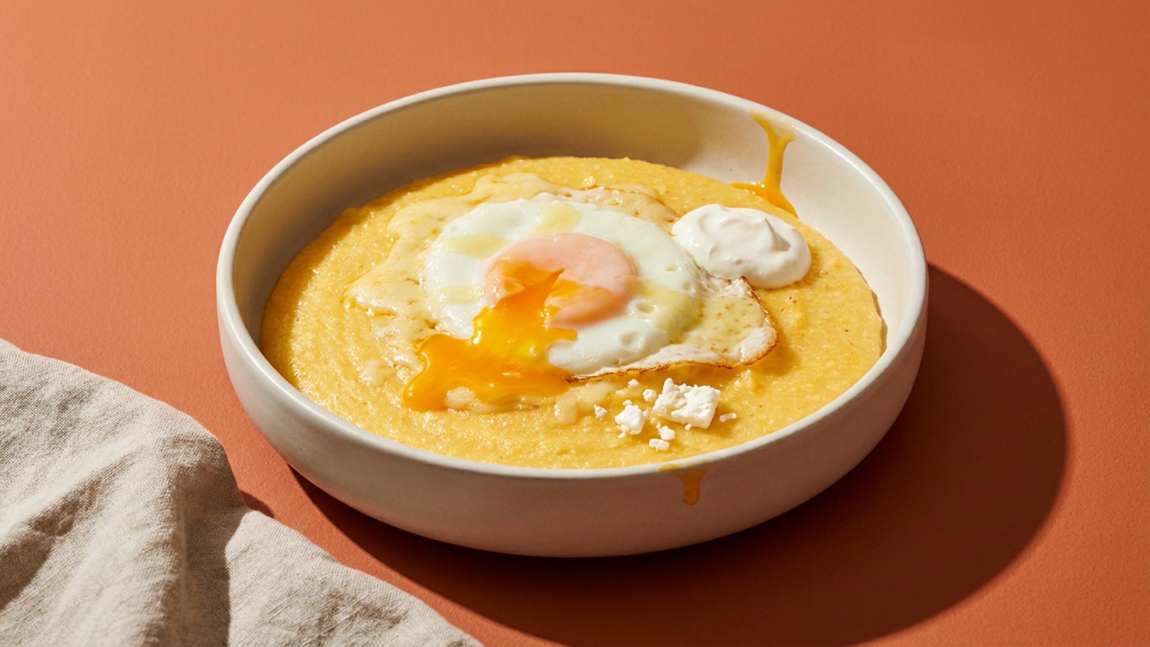 Rumänisches Frühstück: Cremige Polenta mit geschmolzenem Käse und Ei