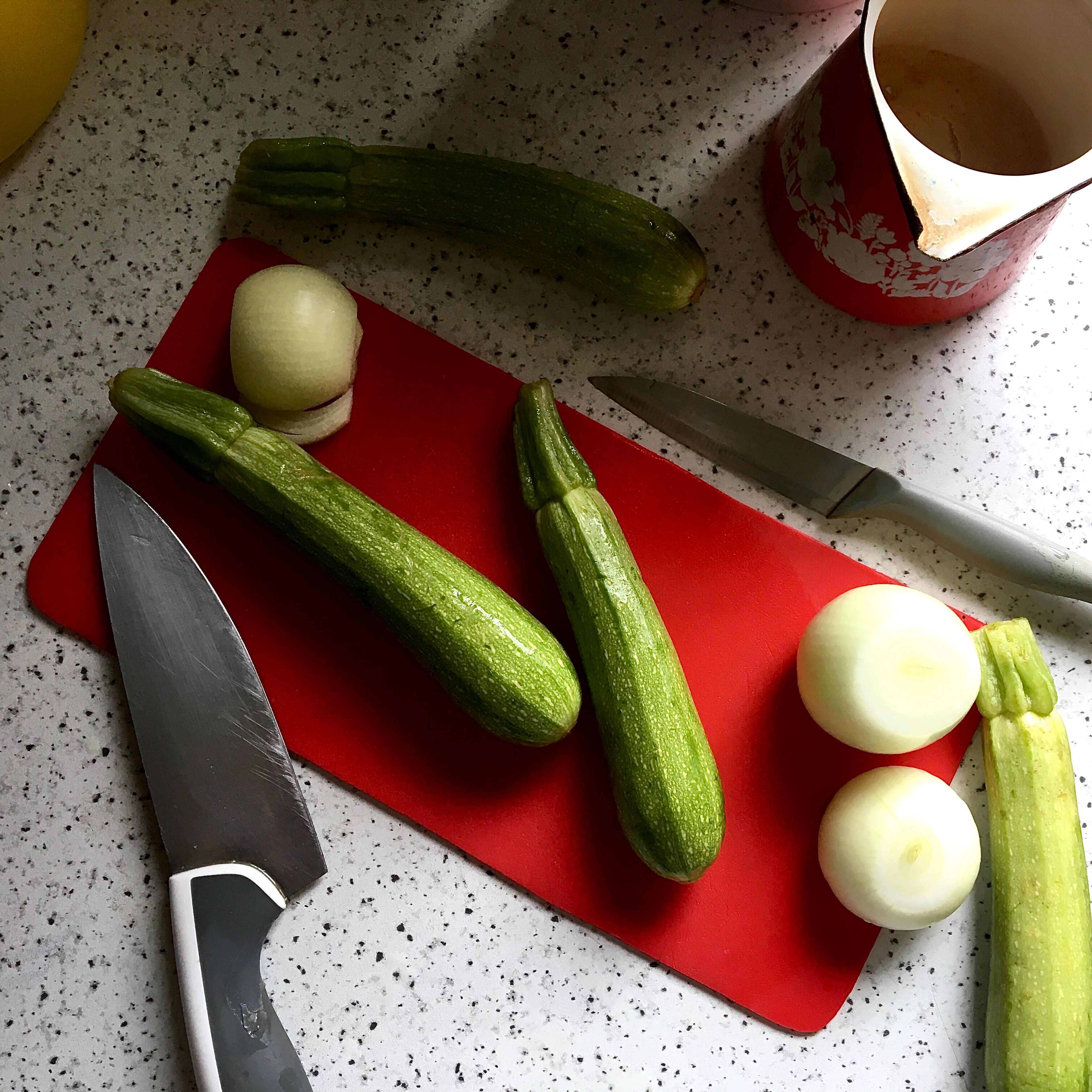 Cut zucchini into matchsticks or half-moon rounds. Add to a large pan over medium heat with a drizzle of olive oil. Cook for 3-4 min. until a bit soften. Season to taste with salt & pepper. Remove from the heat.